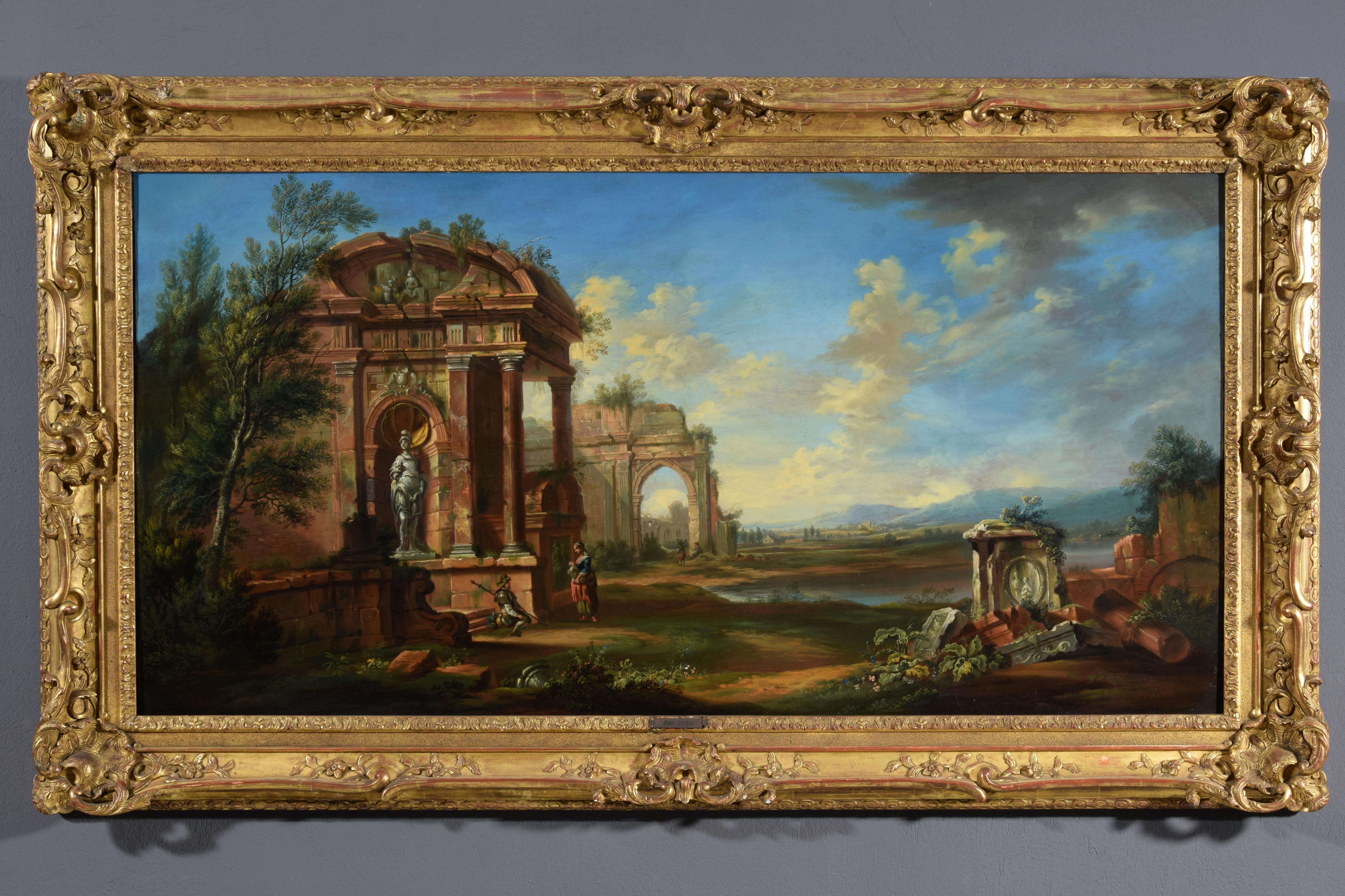 18th century, French Painting with Landscape with Ruins 
Measures: frame cm L 165 x H 95 x P 10; canvas cm L 142 x H 71 

This painting depicting a landscape with architectural ruins was made in oil on canvas in the late 18th century in