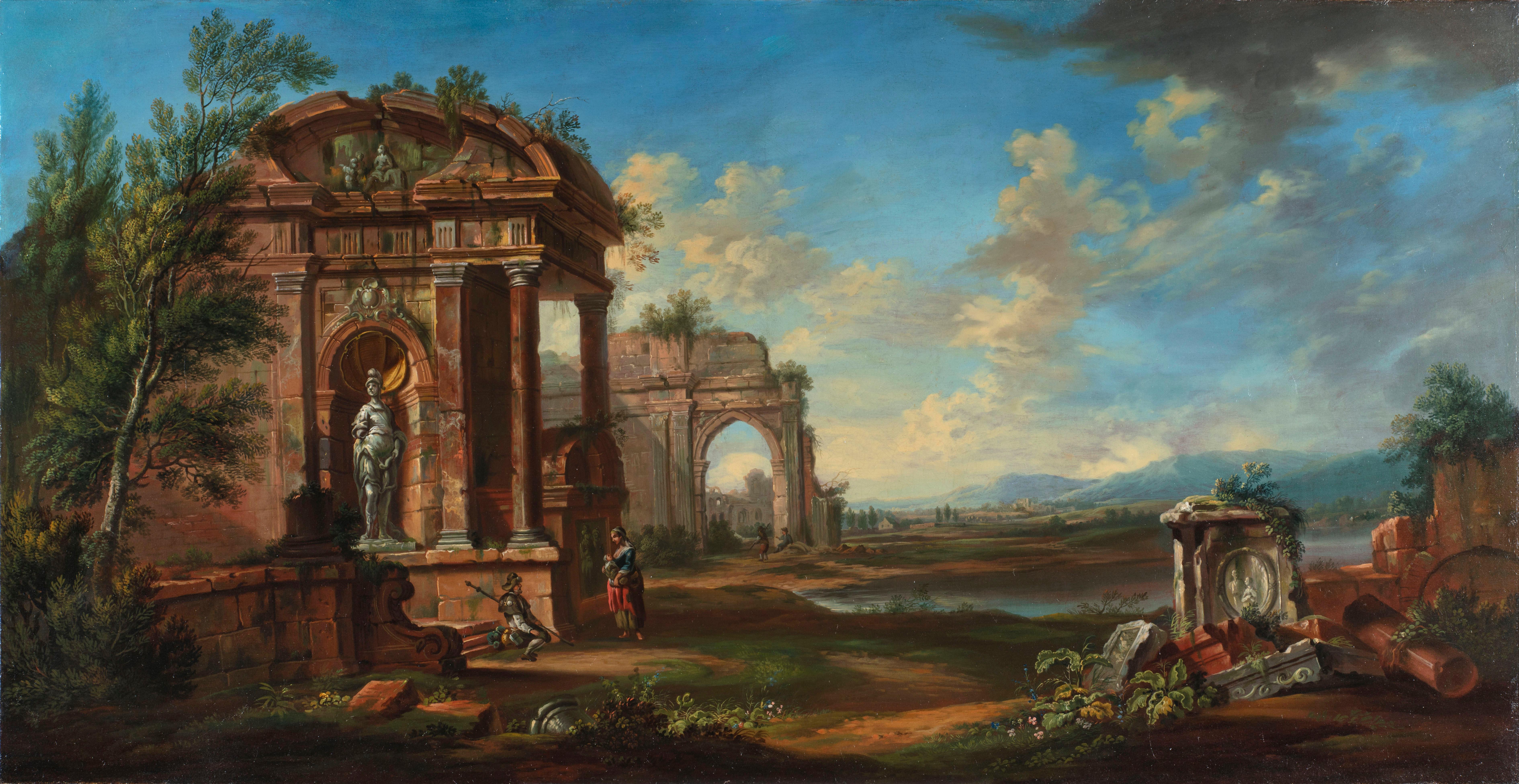 Baroque XVIIIe siècle, peinture française avec paysage avec ruines  en vente