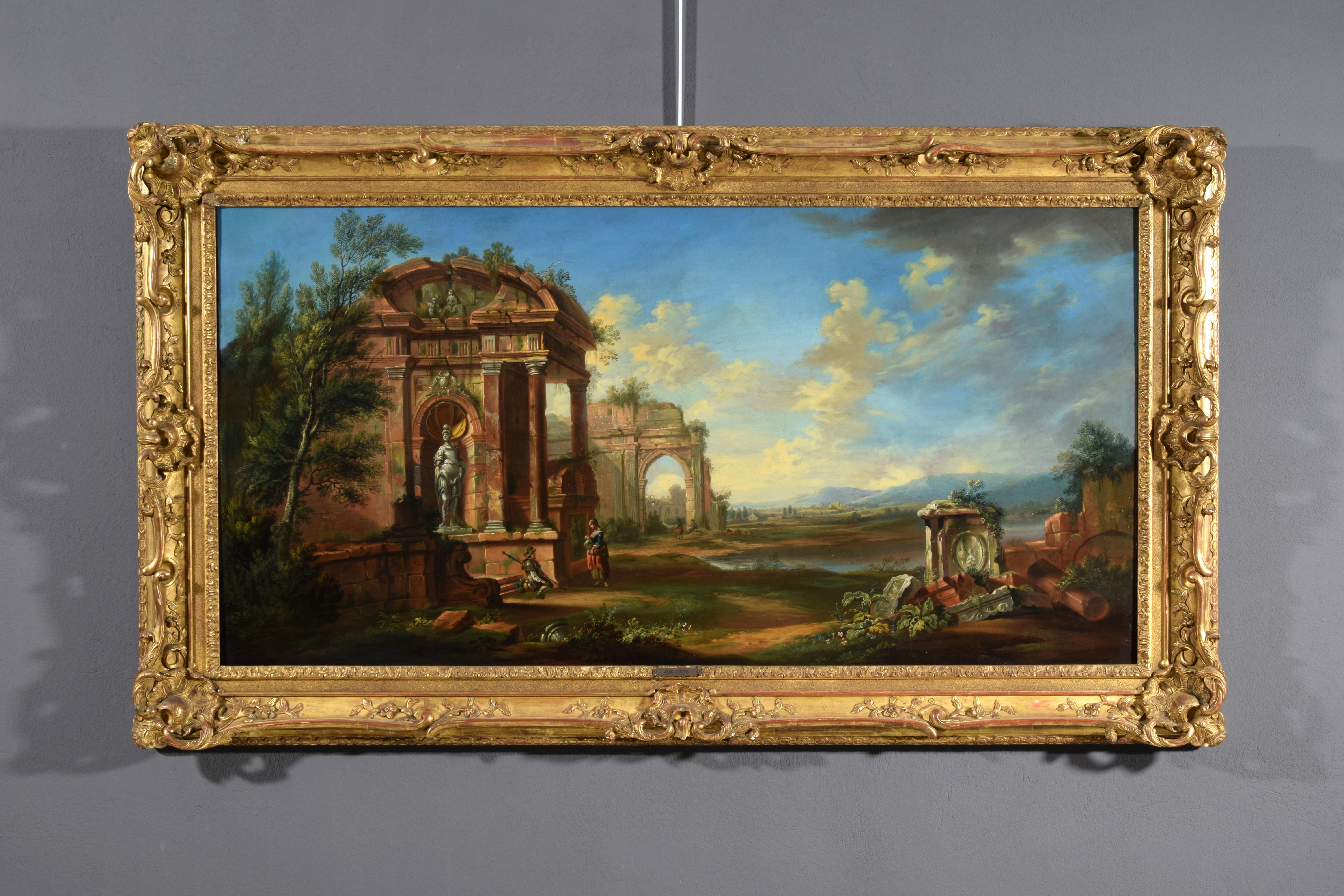 Hand-Painted 18th Century, French Painting with Landscape with Ruins  For Sale