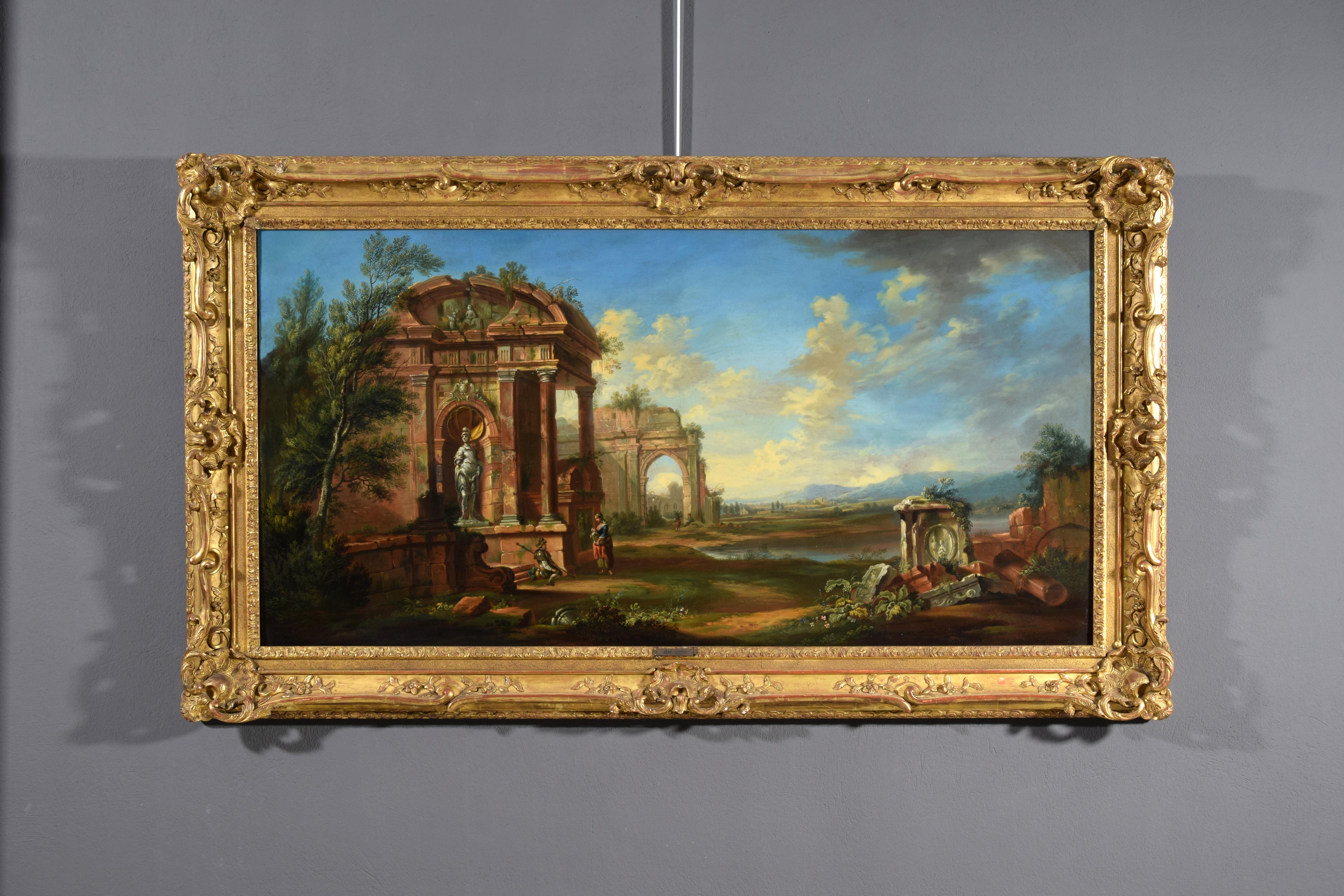 Peint à la main XVIIIe siècle, peinture française avec paysage avec ruines  en vente