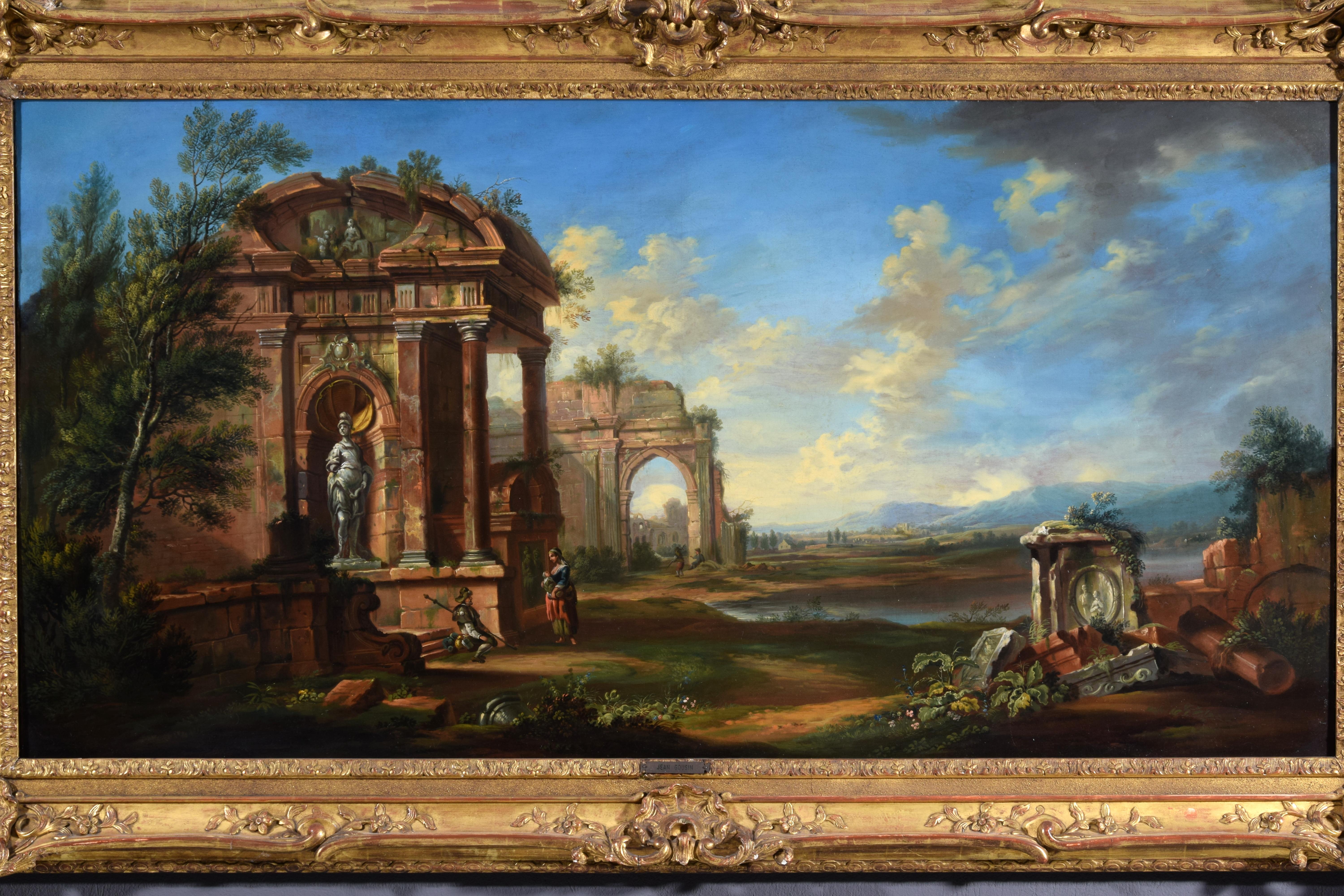 Toile XVIIIe siècle, peinture française avec paysage avec ruines  en vente