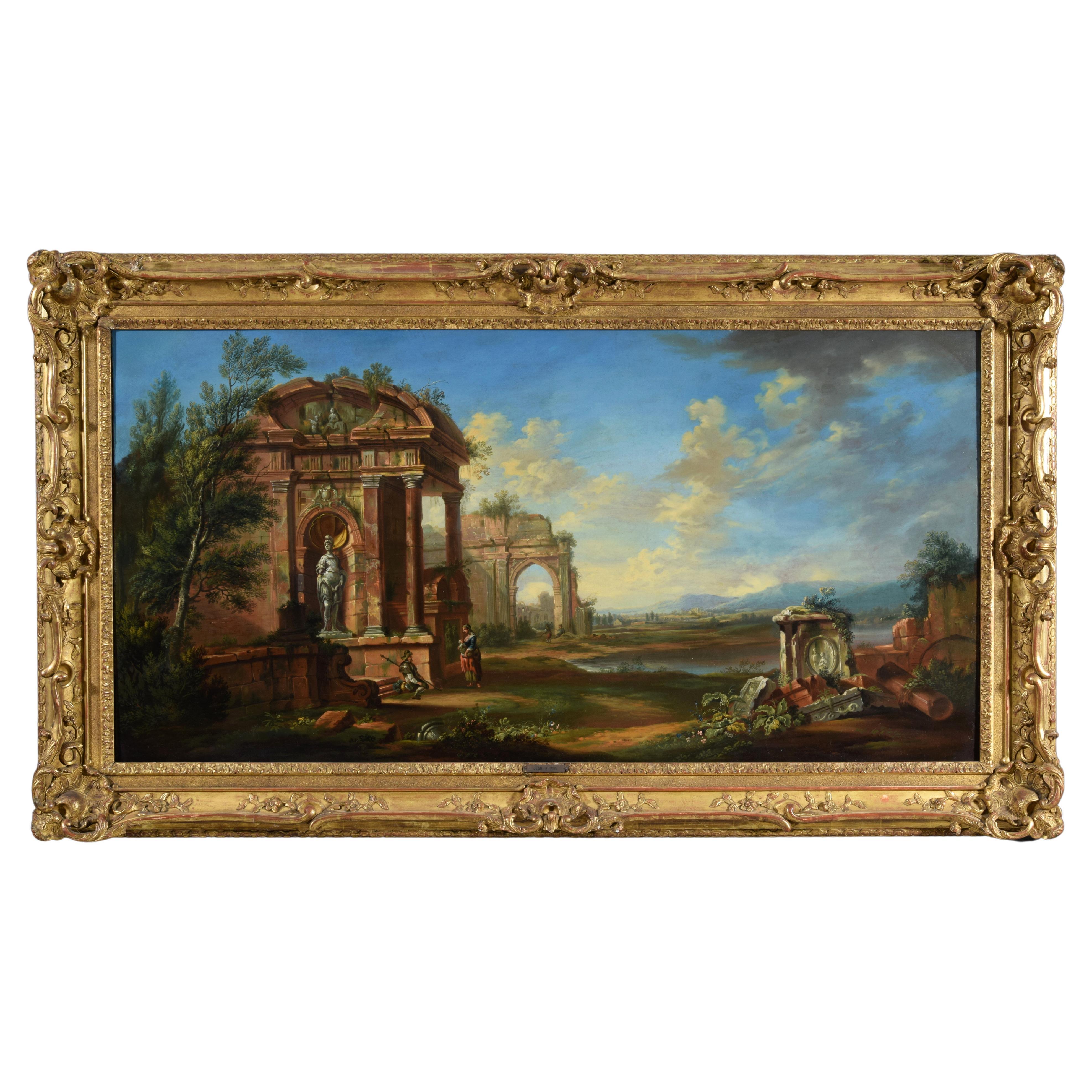 18th Century, French Painting with Landscape with Ruins  For Sale
