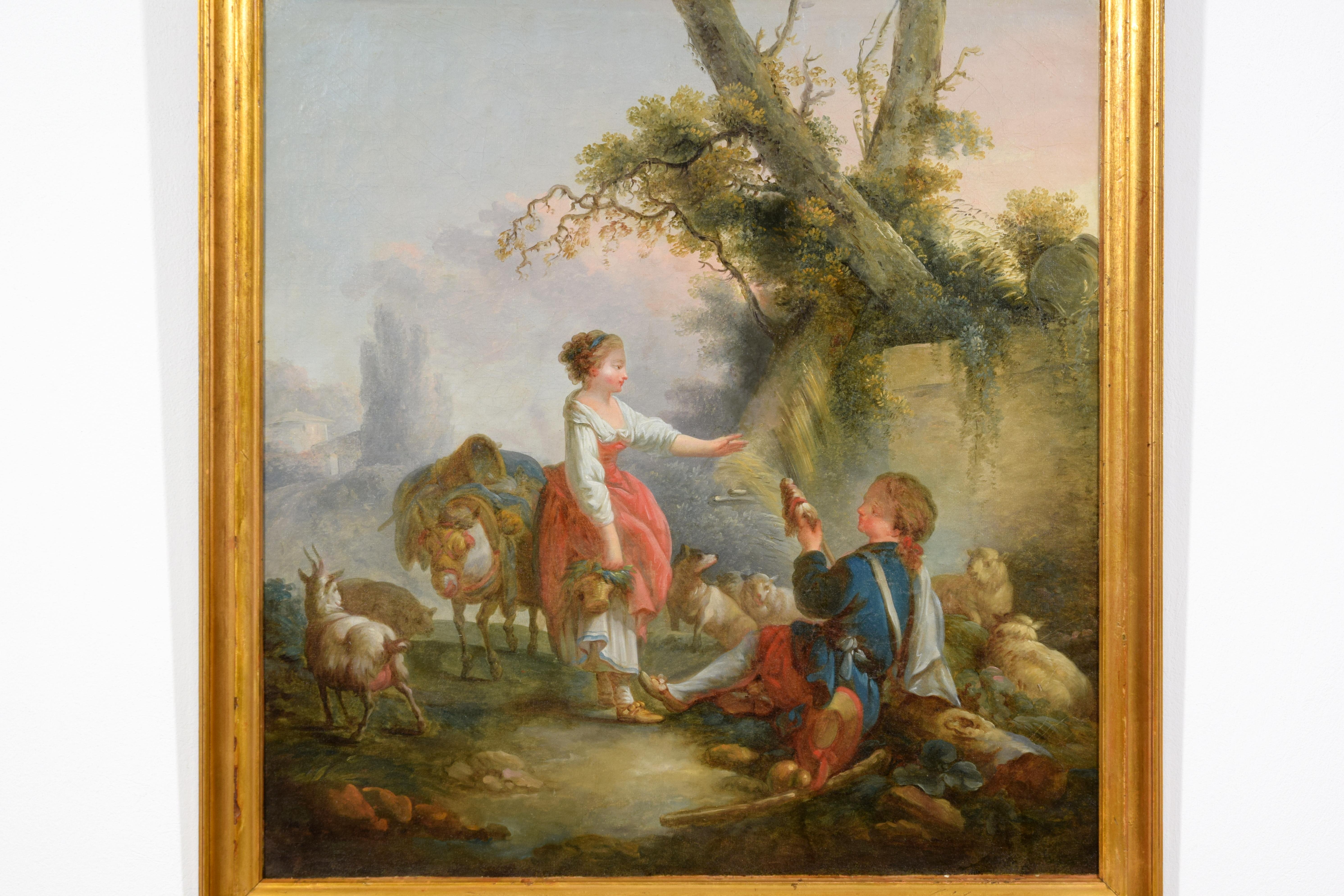 XVIIIe siècle, peinture française avec scène pastorale, cercle de Jean-Baptiste Huet en vente 10