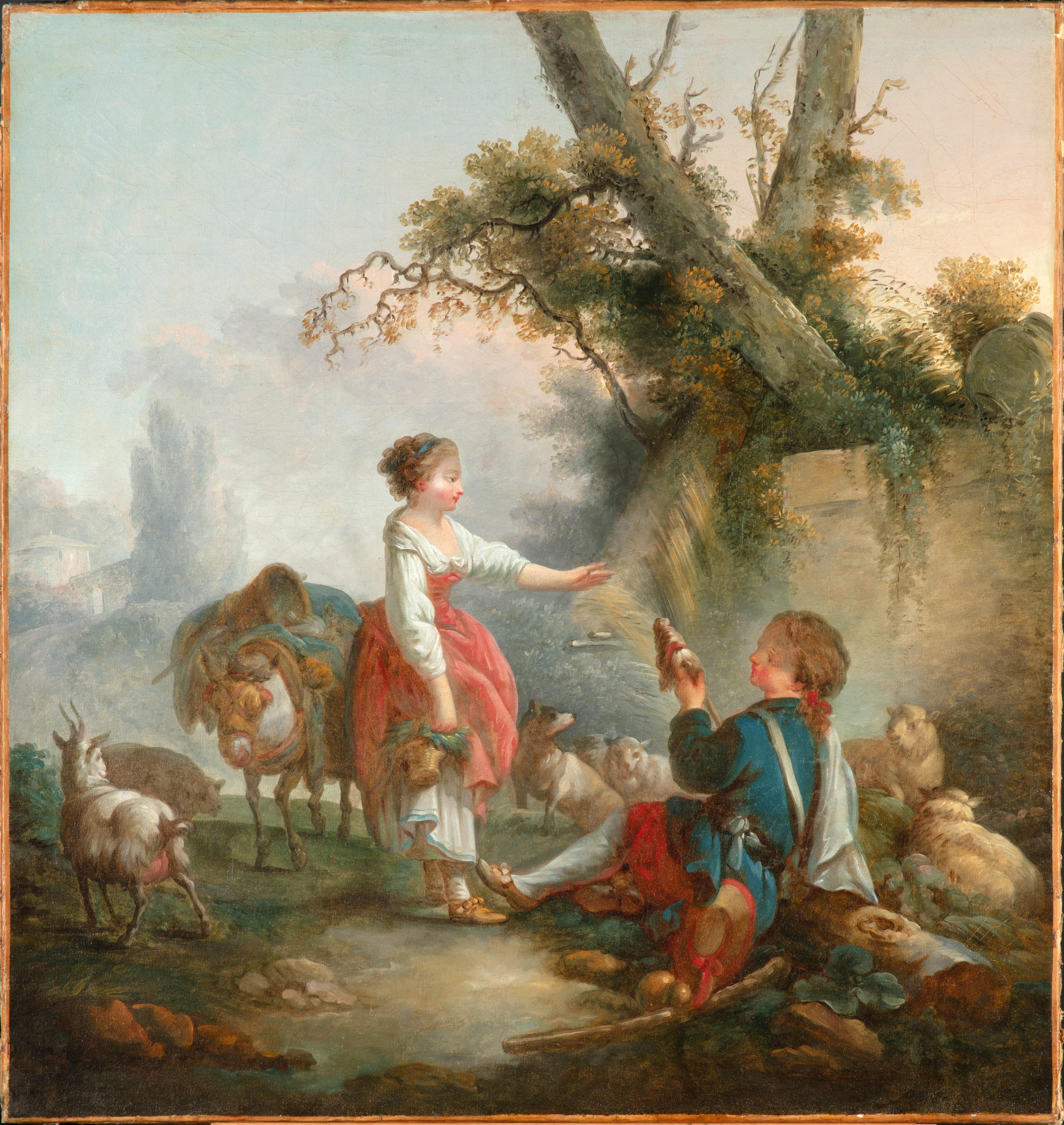 Scène pastorale, Peintre français, Cercle de Jean-Baptiste Huet (1745-1811), Fin du XVIIIe siècle
Dimensions : Cadre L 103 x H 108,5 x P 4 cm ; Toile L 90,5 x H 95,5 cm


Le tableau, exécuté à l'huile sur toile vers la fin du XVIIIe siècle,