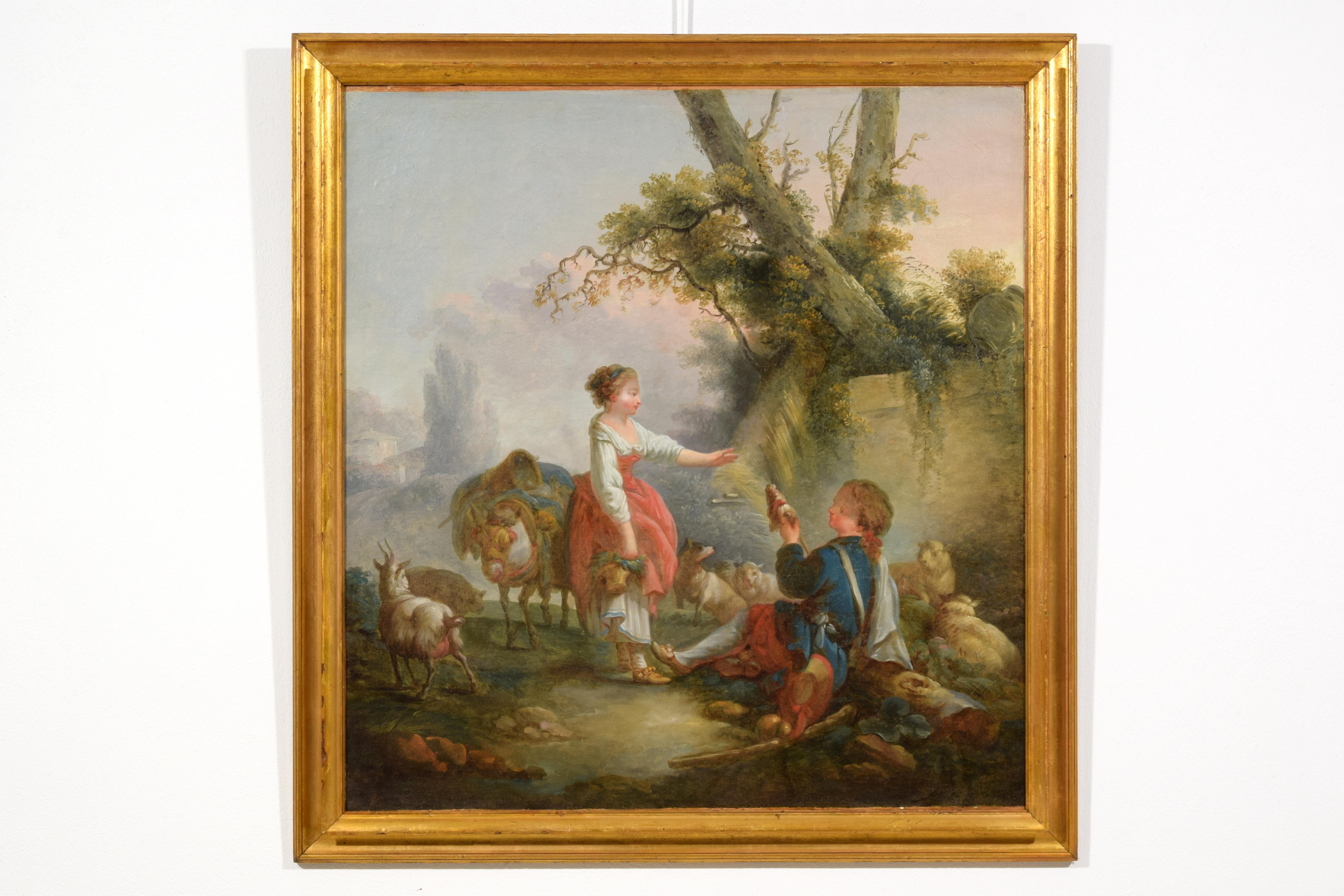 Rococo XVIIIe siècle, peinture française avec scène pastorale, cercle de Jean-Baptiste Huet en vente