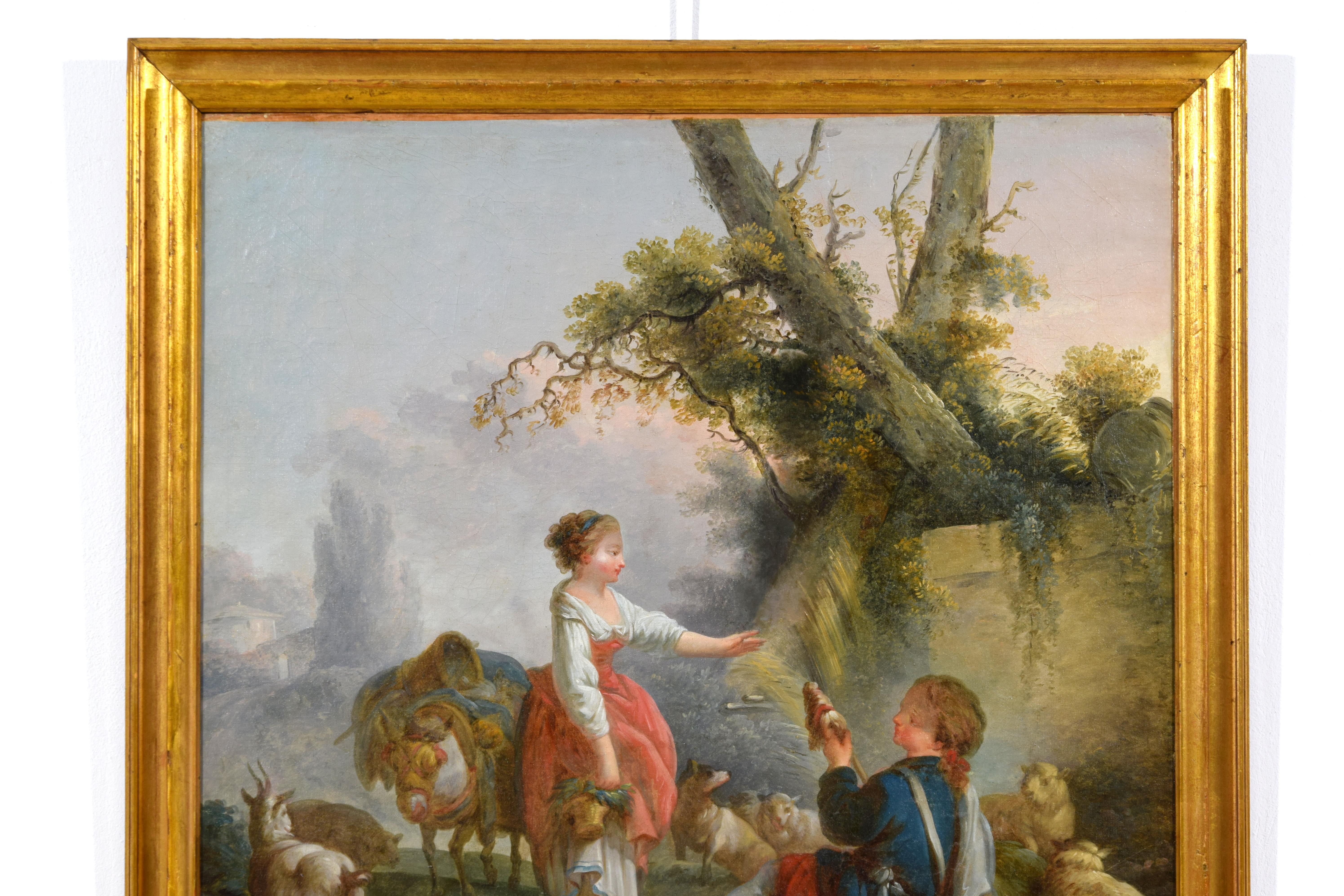 Peint à la main XVIIIe siècle, peinture française avec scène pastorale, cercle de Jean-Baptiste Huet en vente