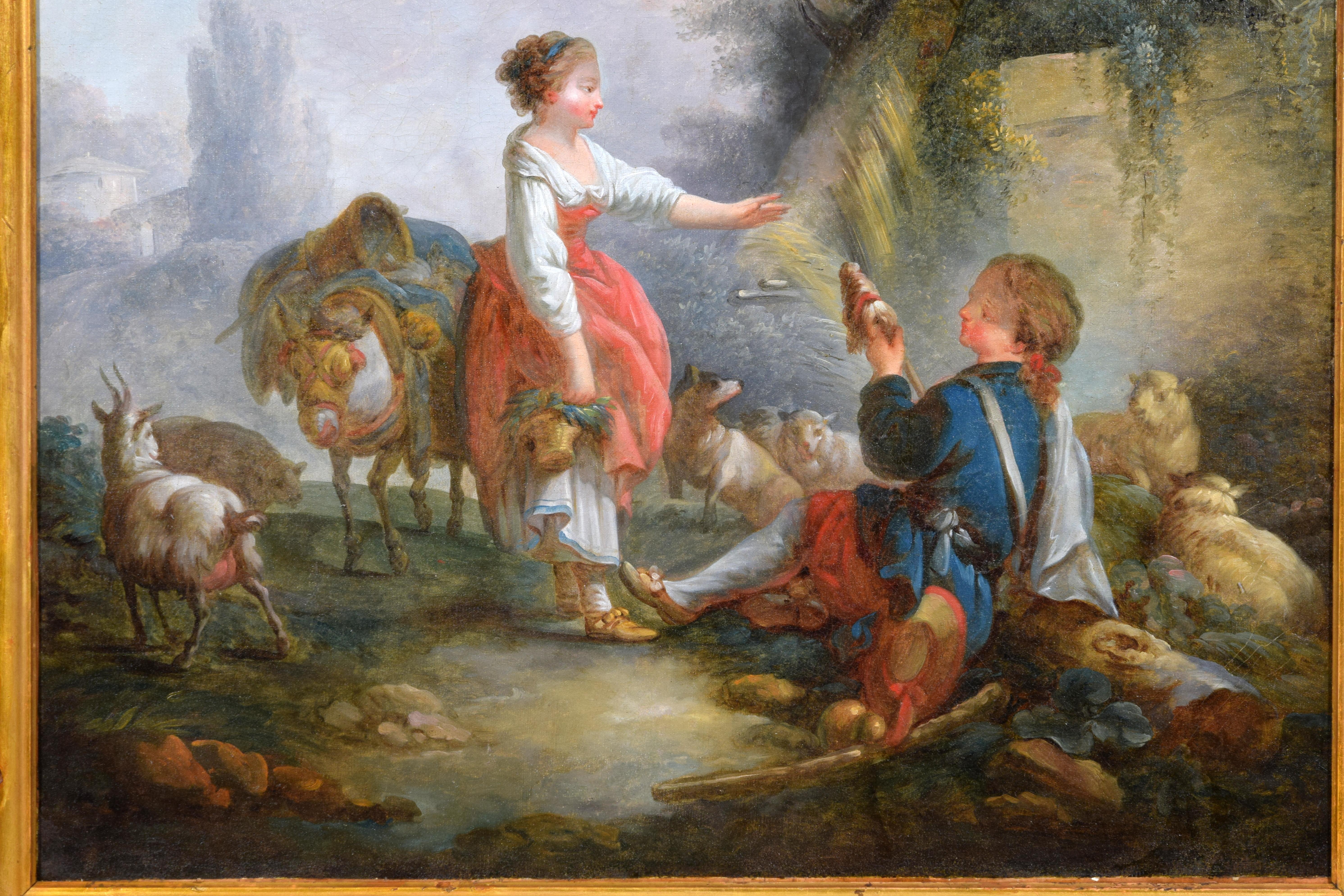 Toile XVIIIe siècle, peinture française avec scène pastorale, cercle de Jean-Baptiste Huet en vente