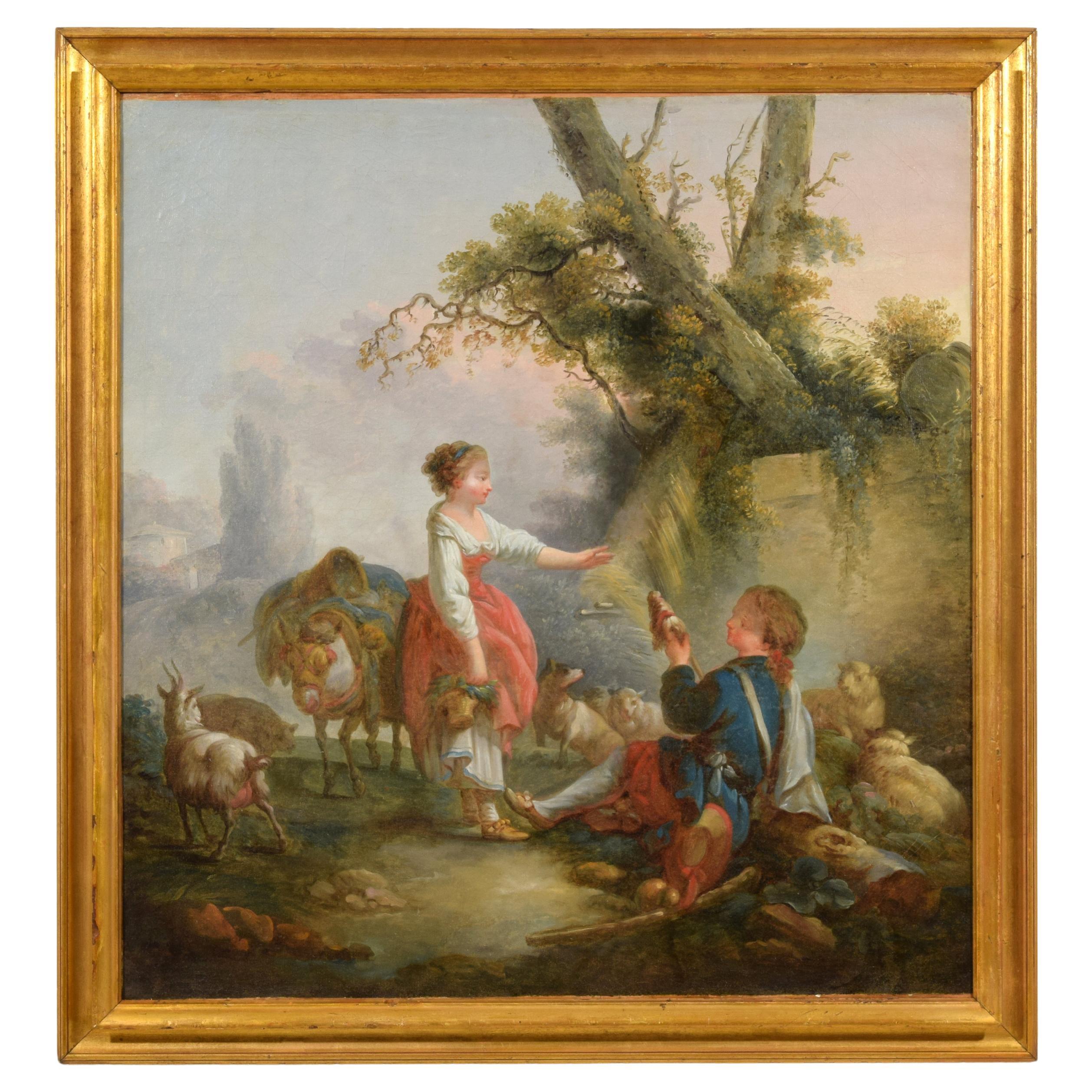18. Jahrhundert, Französische Malerei mit Schäferszene, Kreis von Jean-Baptiste Huet