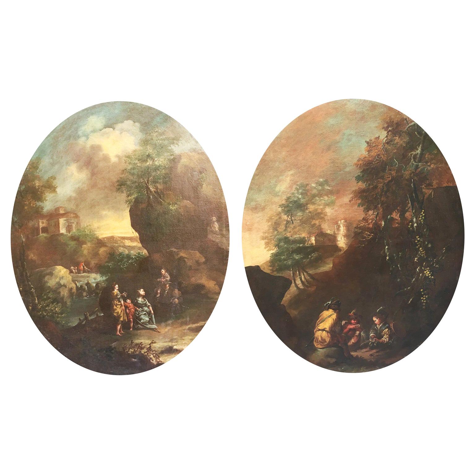 18th Century French Pair of Oval Paintings depicting Landscapes with Figures