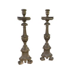 18th Century French Pair of Pinewood Candle Holders, Antique Sticks