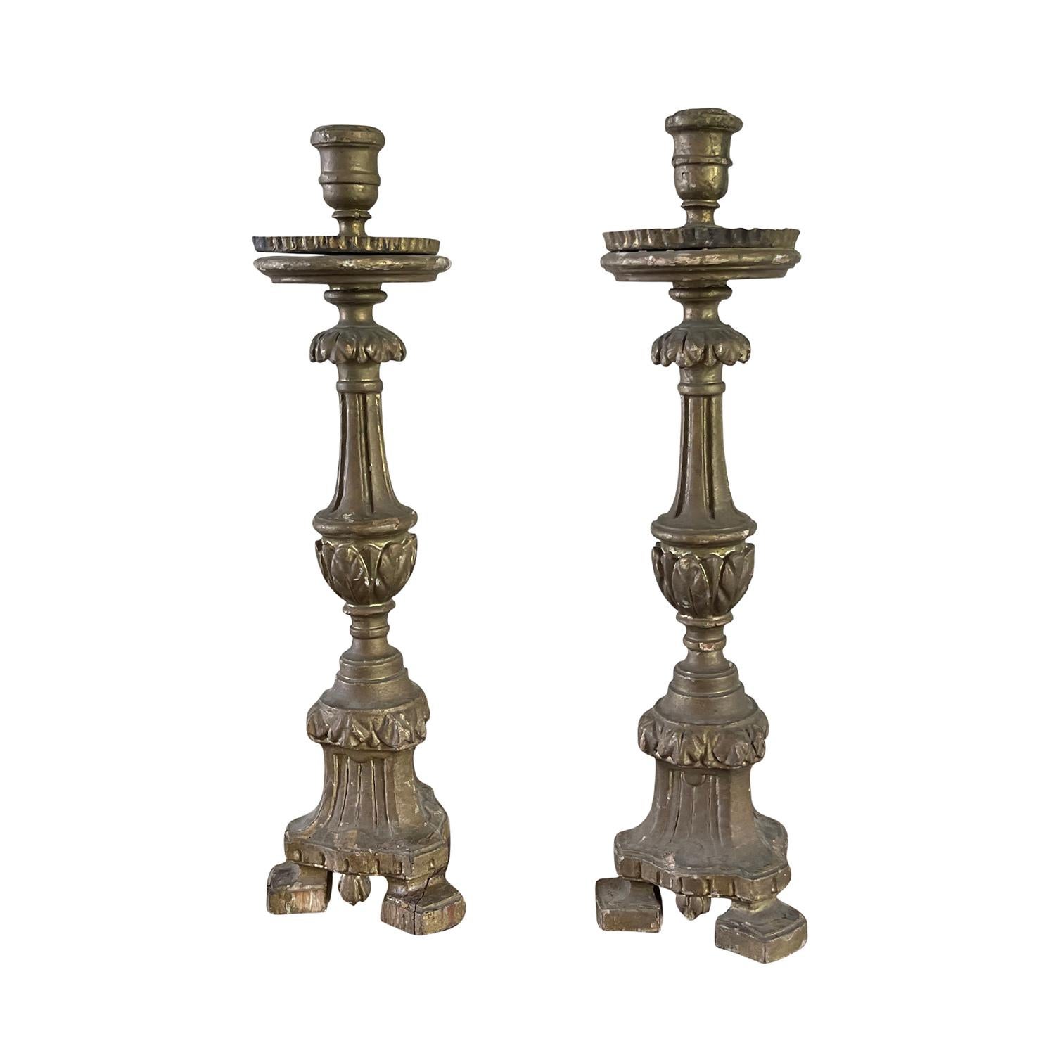 Hand-Carved 18th Century French Pair of Pinewood Candle Holders, Antique Sticks For Sale