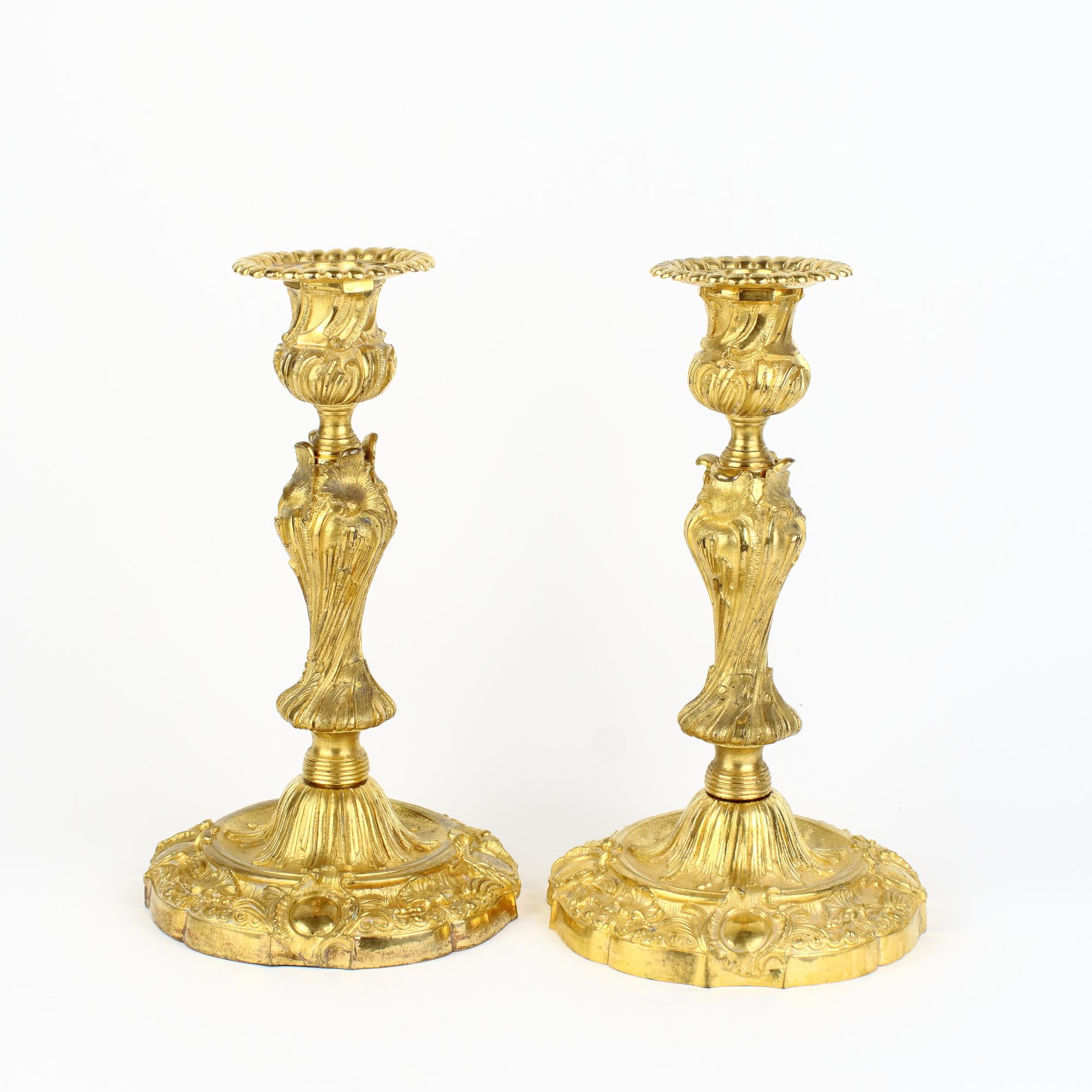Mid-19th Century Mid 19th Century French Henri Picard Pair of Louis XV Gilt Bronze Candlesticks For Sale