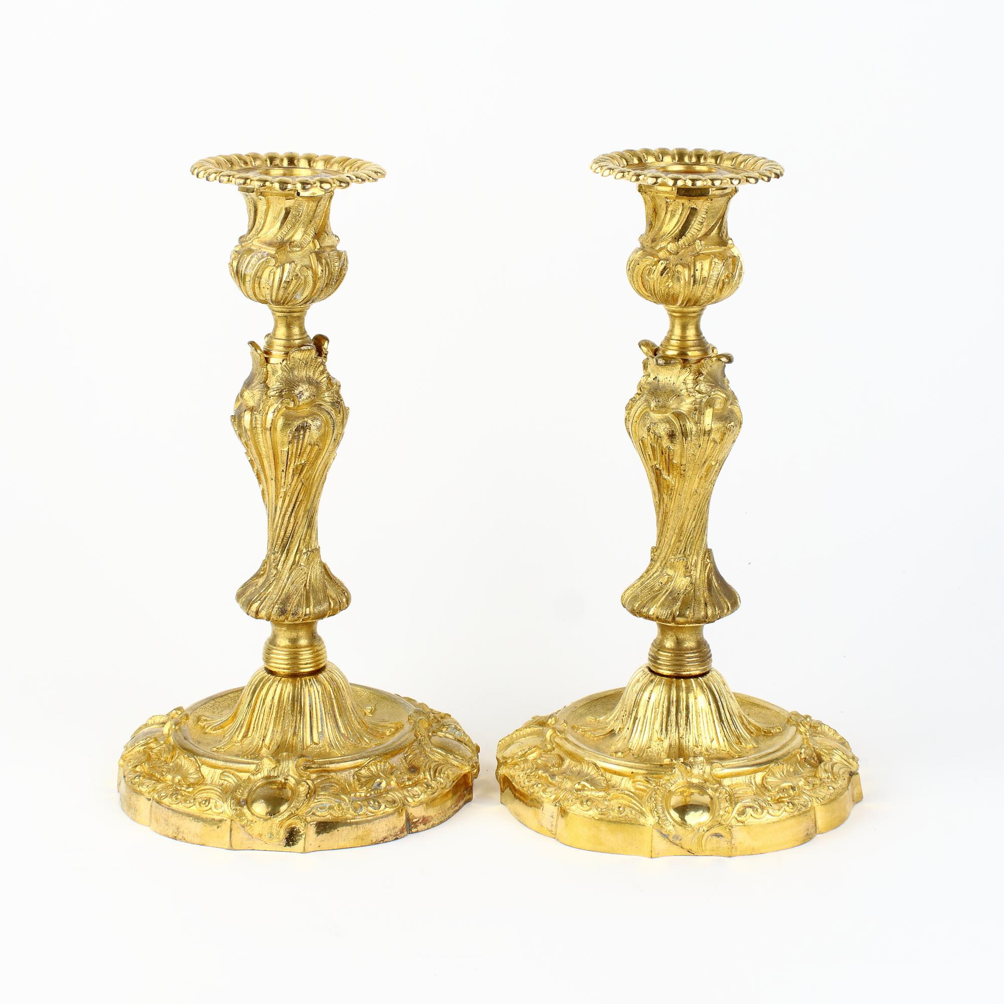 Mid 19th Century French Henri Picard Pair of Louis XV Gilt Bronze Candlesticks For Sale 1