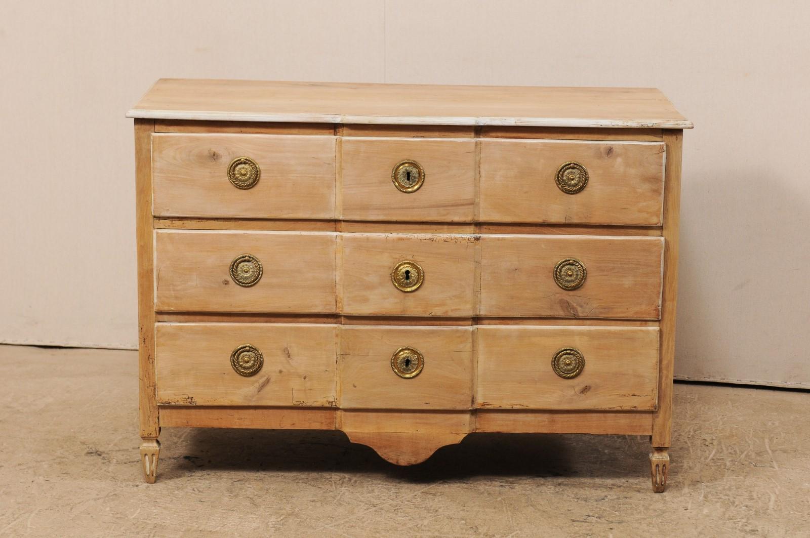 Carved 18th Century French Pale Wood Three-Drawer Chest with Painted Trim