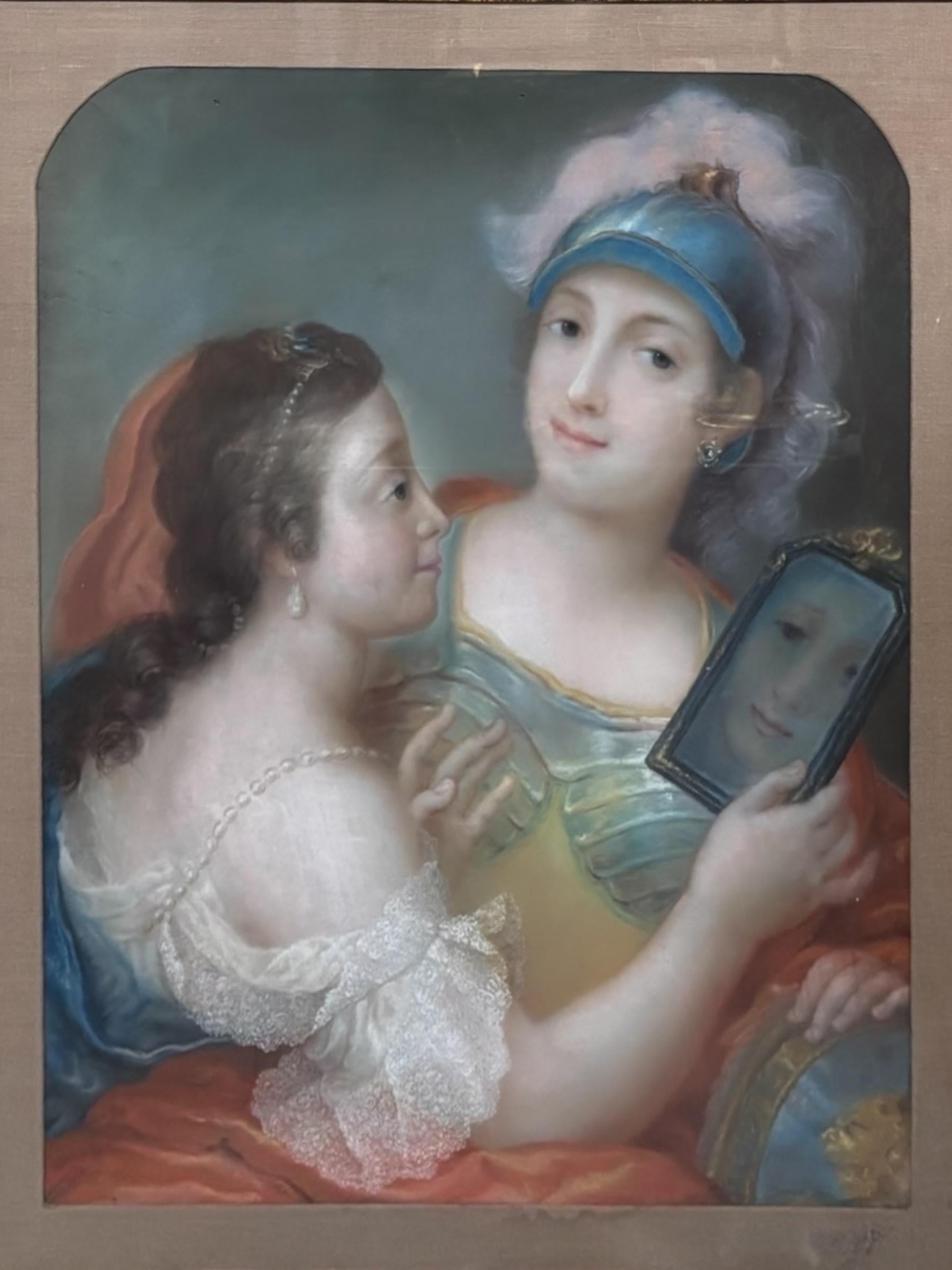 18th century pastel painting by French artist Saintin Francois Jozan (1797-1867). The painting is a portrait of two young women, one gazes directly at the viewer while the other looks towards a hand mirror which frames her reflection. Set in the