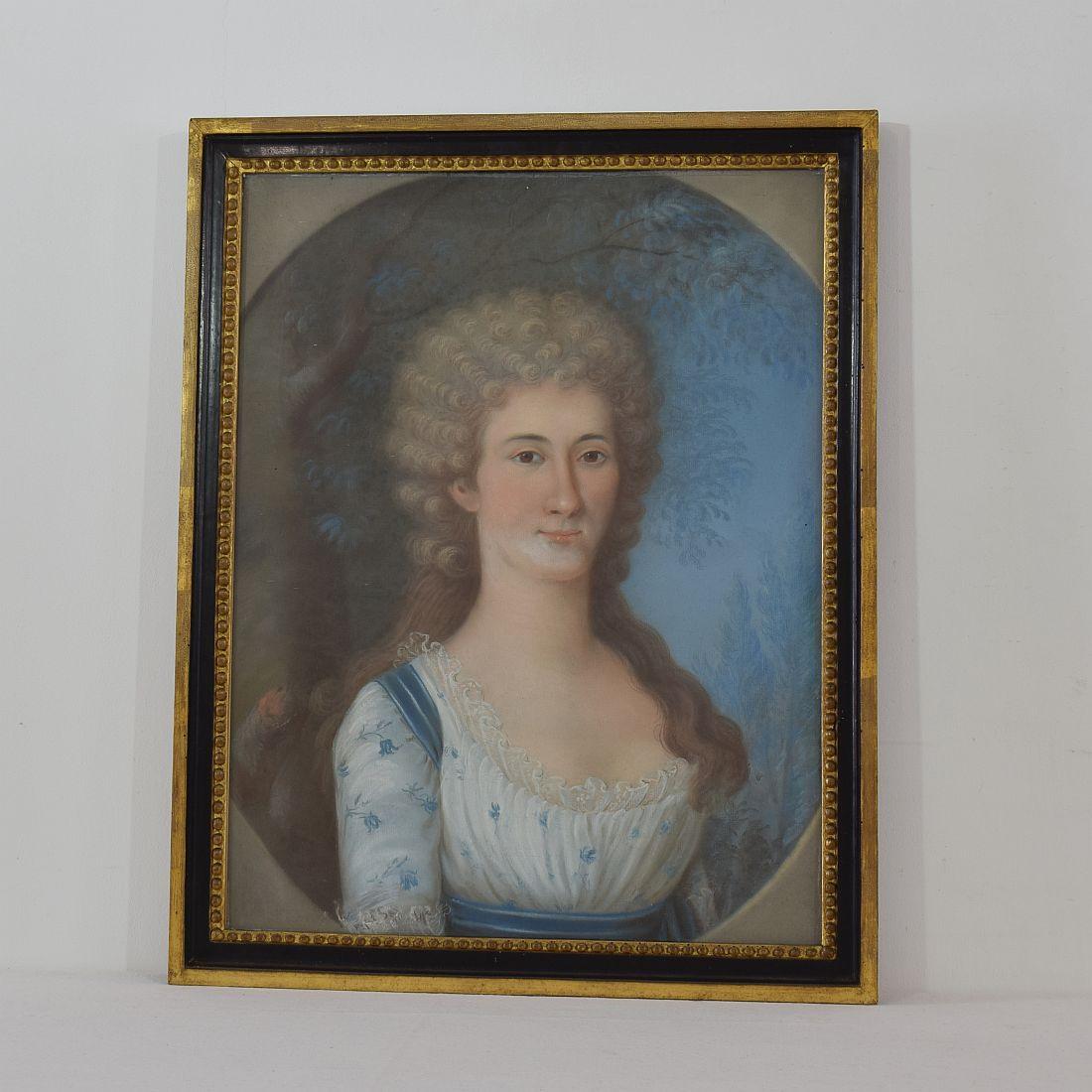 Nice pastel portrait representing a young woman. Original painted wooden frame and glass,
France, 18th century. Weathered, small losses and traces of inactive woodworm.



      