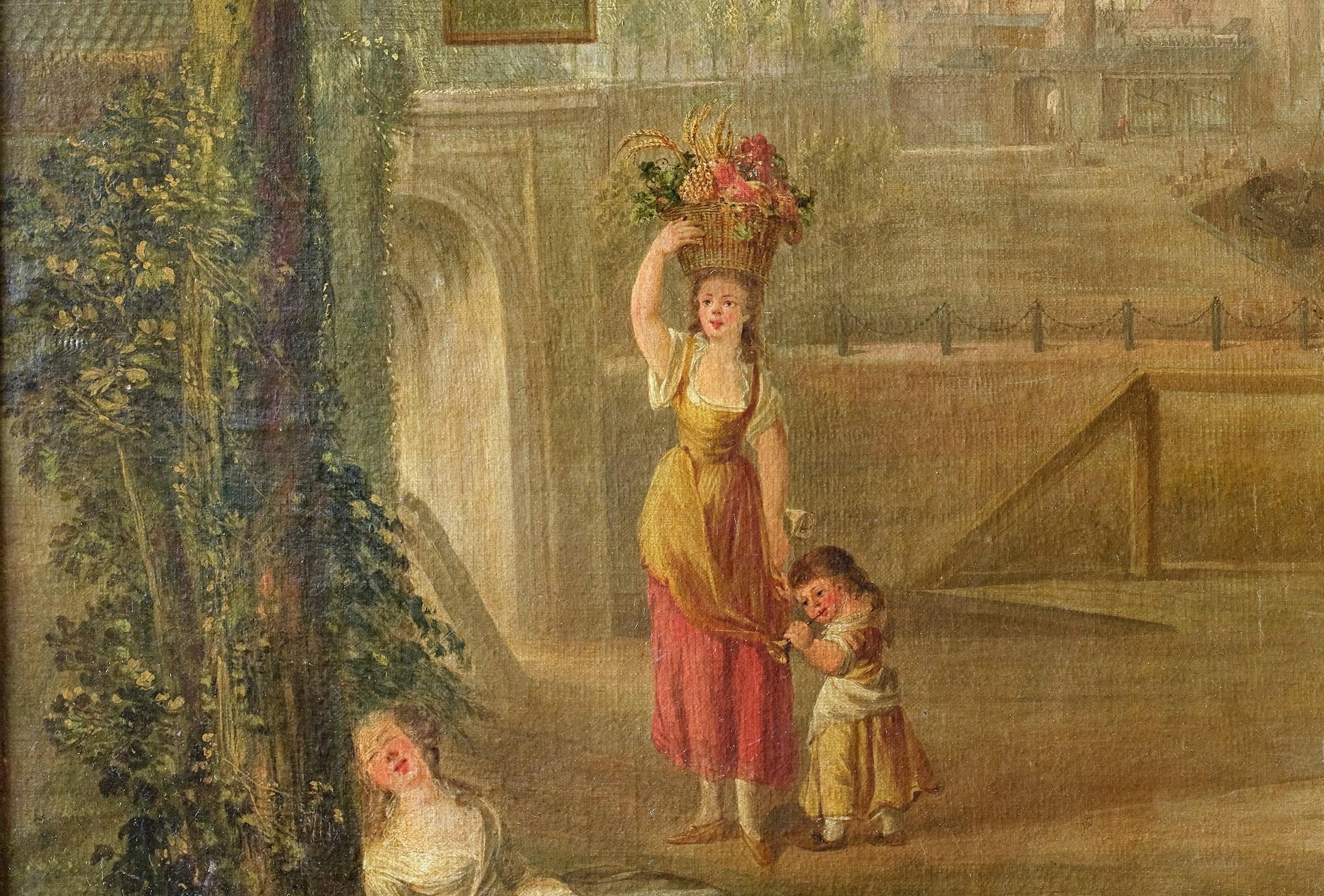 18th Century French Pastoral and Harbor Scene Oil Painting in Ornate Gilt Frame en venta 6