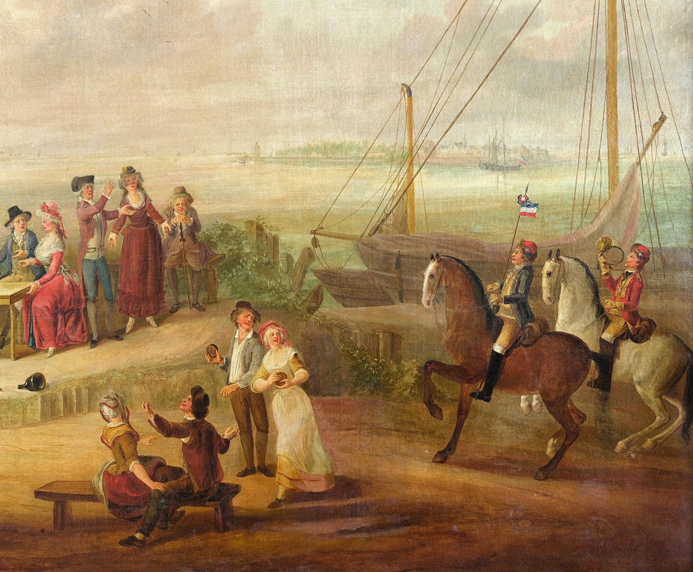 This monumental antique oil on canvas painting was created in France, circa 1790. Set in a carved gilt frame, the large artwork depicts a pastoral scene with the port of Marseilles in the background; it features people playing cards around a table,