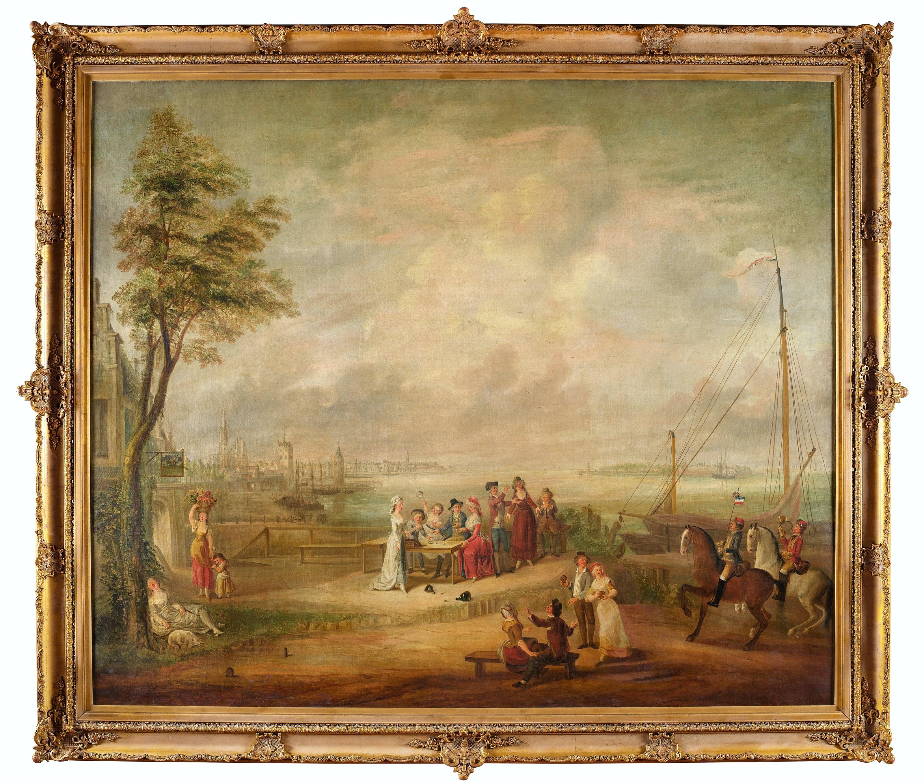 18th Century French Pastoral and Harbor Scene Oil Painting in Ornate Gilt Frame siglo XVIII en venta