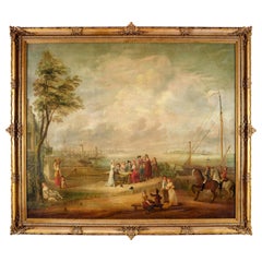 18th Century French Pastoral and Harbor Scene Oil Painting in Ornate Gilt Frame