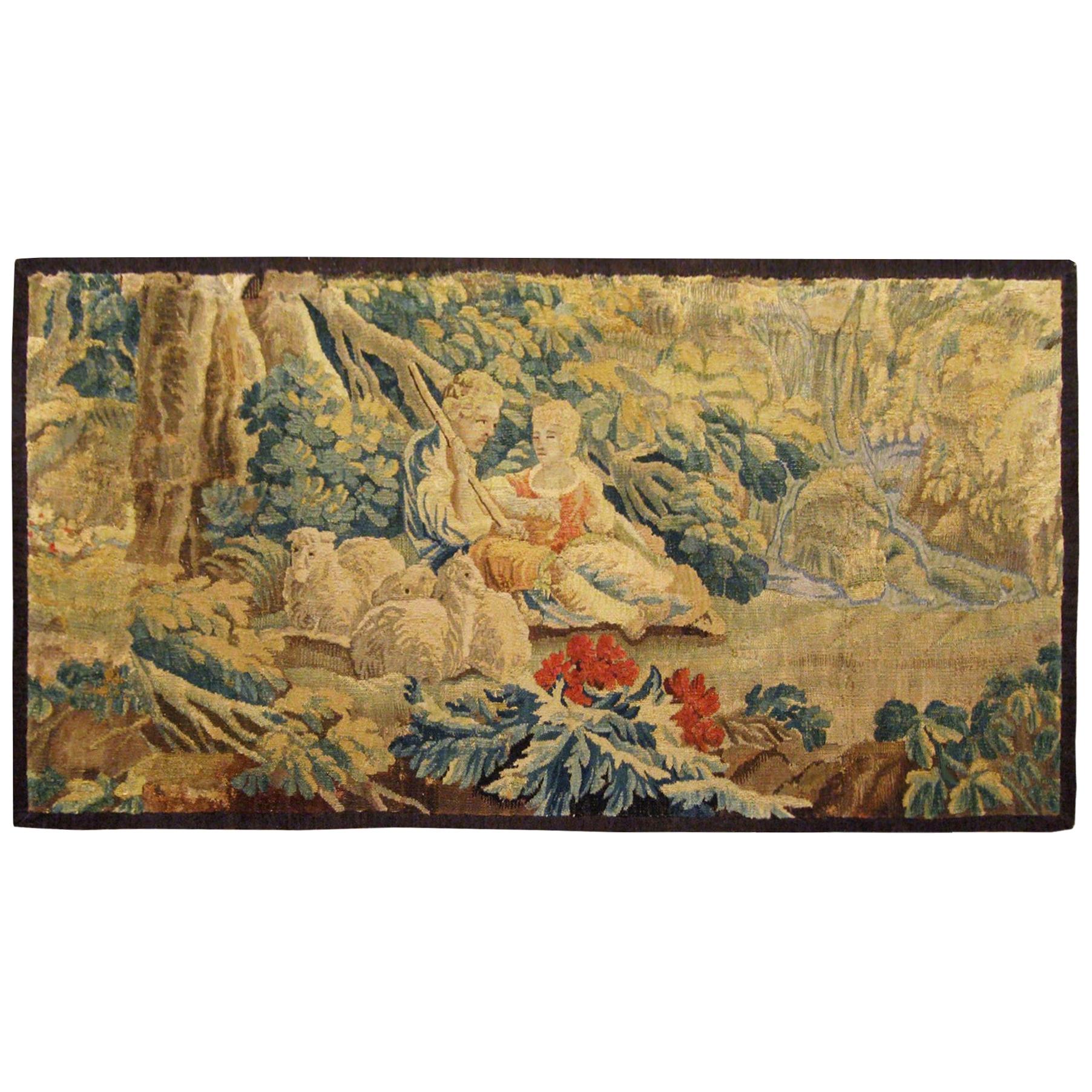 18th Century French Pastoral Landscape Tapestry, with Shepherds and Their Sheep