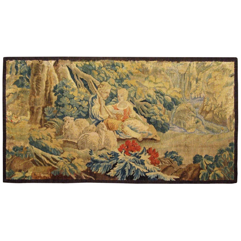18th Century French Pastoral Landscape Tapestry, with Shepherds and Their Sheep For Sale