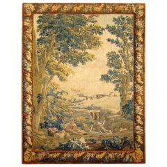 18th Century French Pastoral Landscape Tapestry, with a Couple and Their Flock