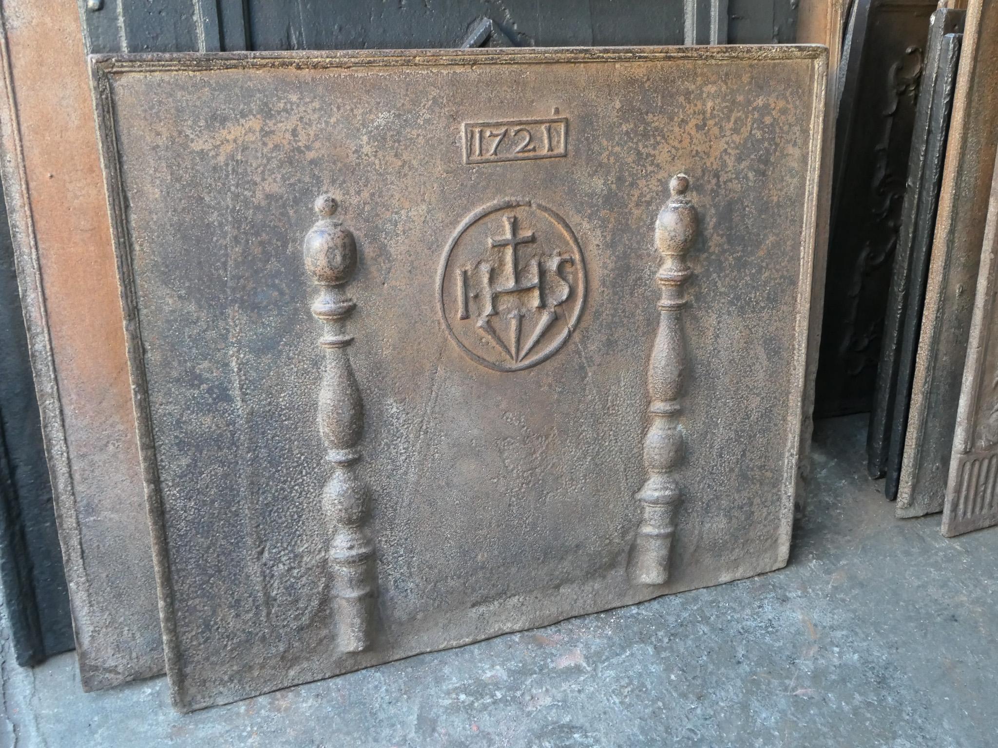 Cast 18th Century French 'Pillars with IHS Monogram' Fireback, Dated 1721