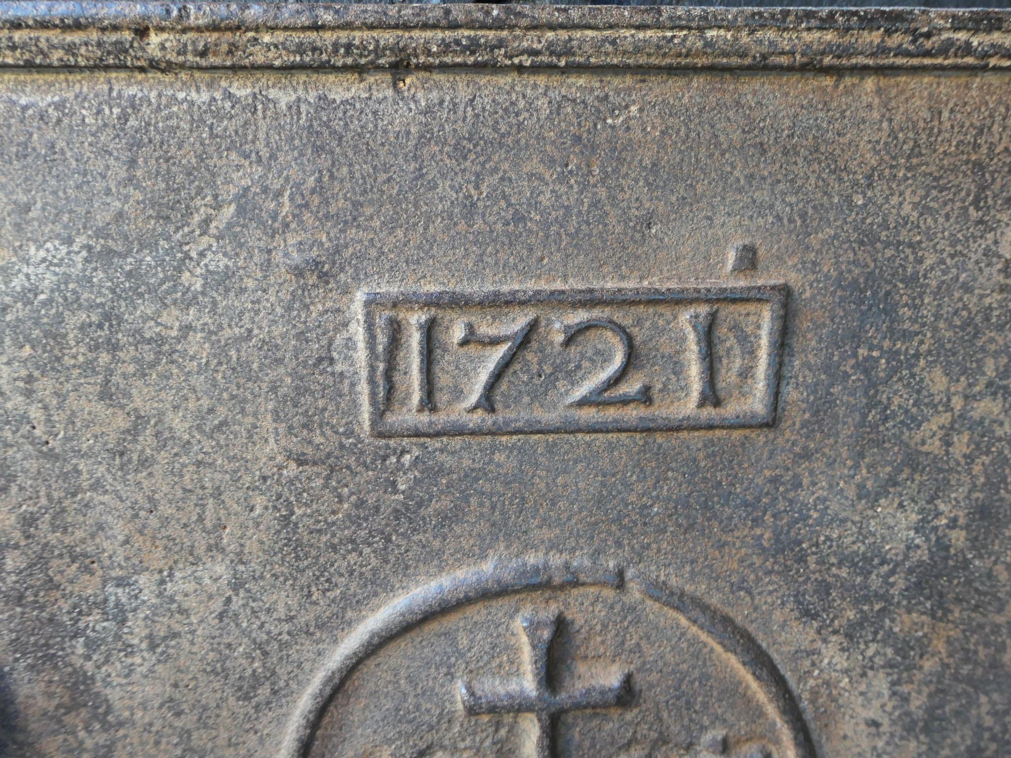 Iron 18th Century French 'Pillars with IHS Monogram' Fireback, Dated 1721