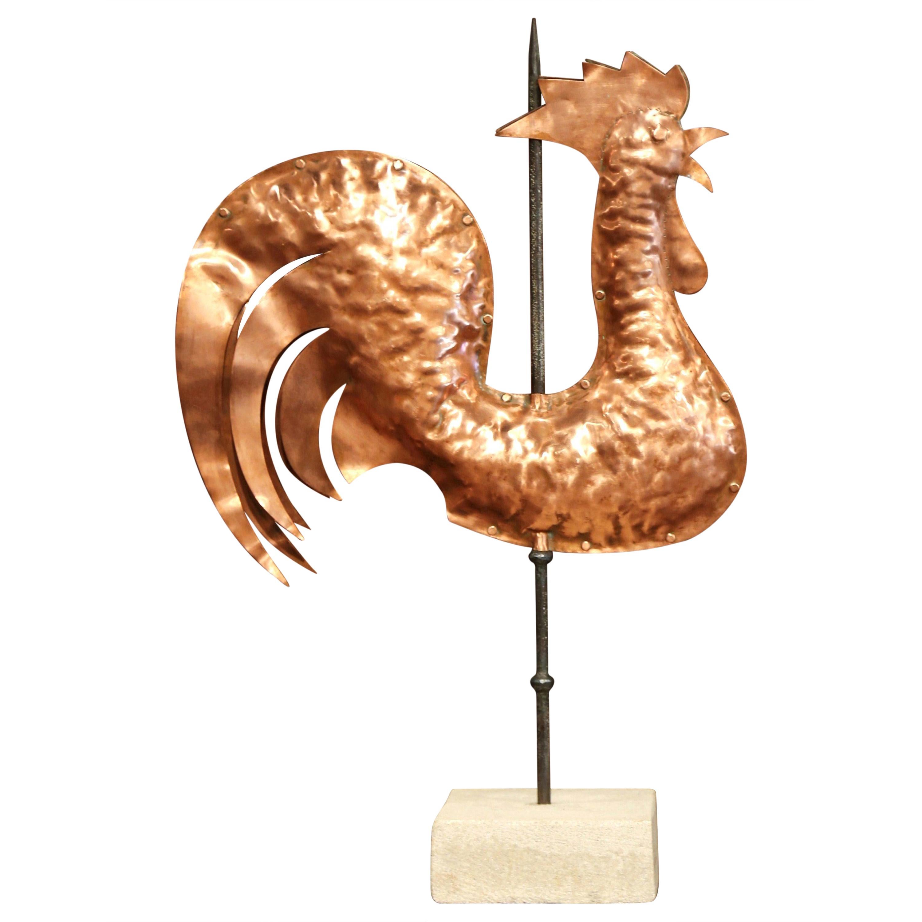 18th Century French Polished Copper Rooster Weather Vane on Sandstone Stand