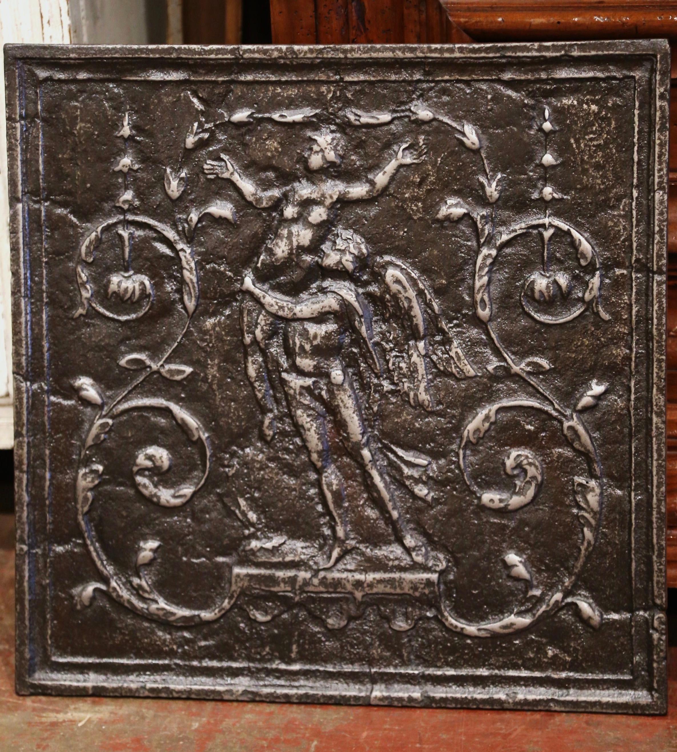 Neoclassical 18th Century French Polished Iron Fireback with Allegoric Scene For Sale