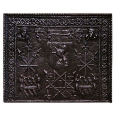 Plaque de cheminée en fer poli français du 18ème siècle avec armoiries et fleur de lys