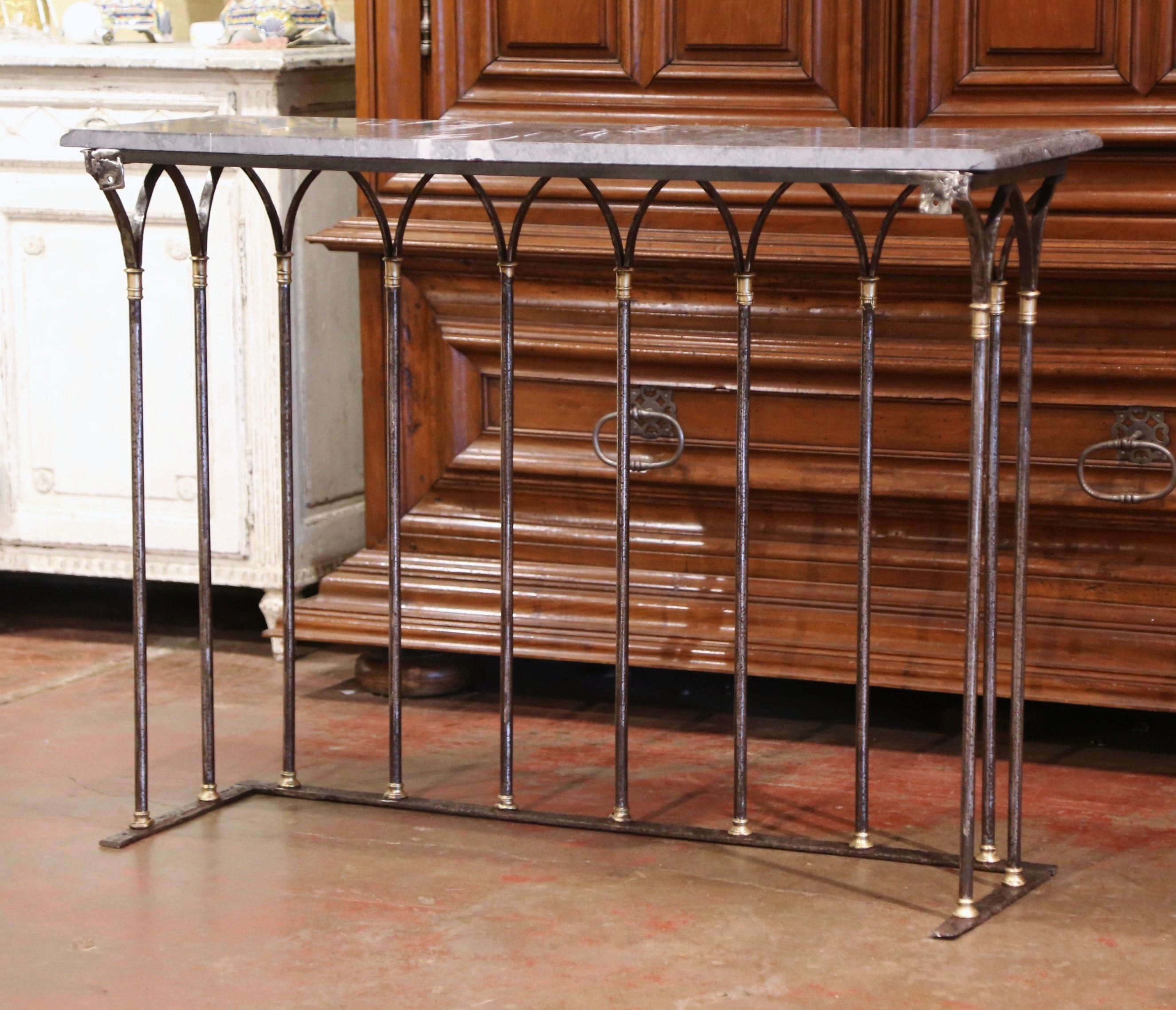 18th Century French Polished Wrought Iron & Bronze Console Table with Marble Top 9