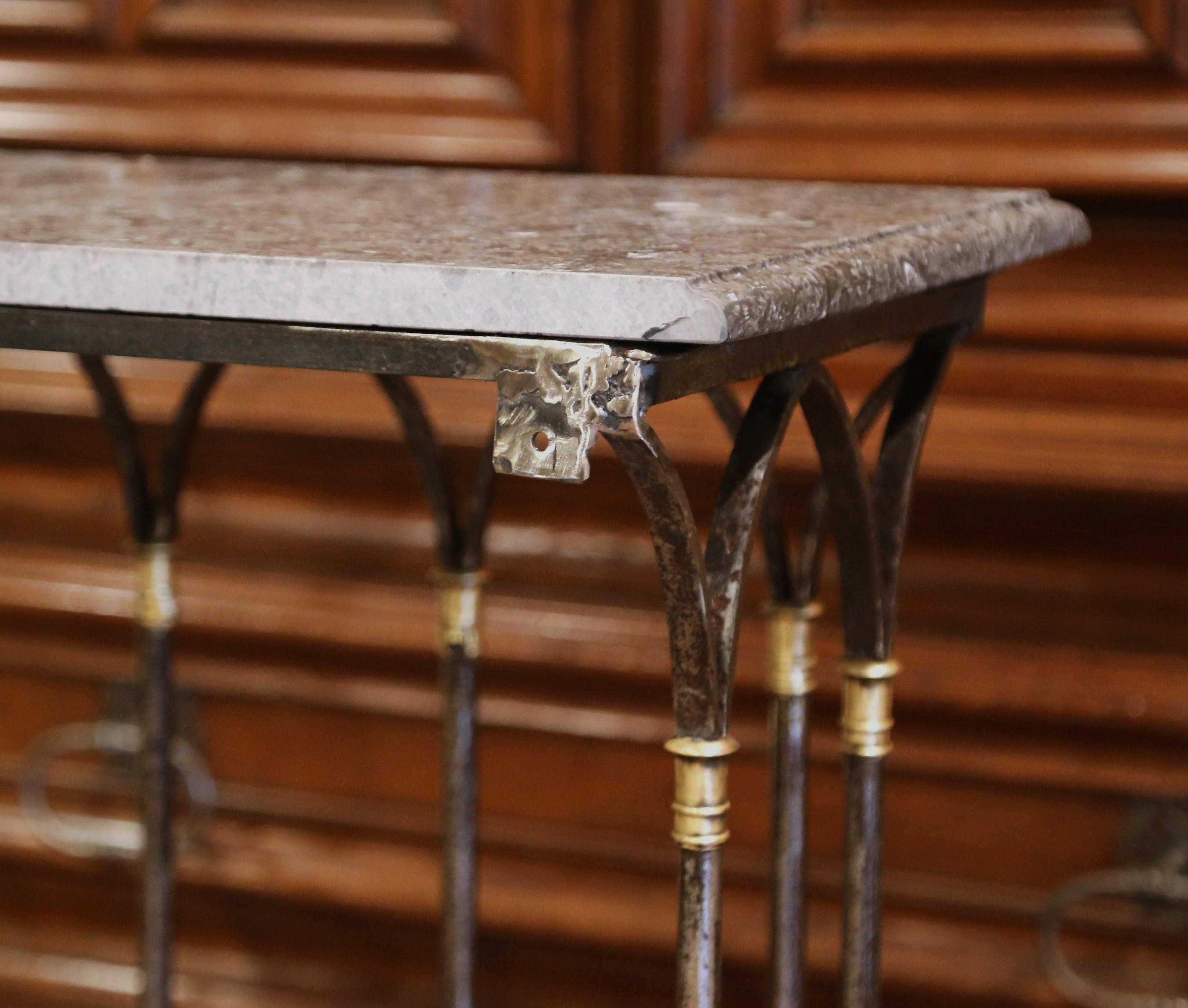18th Century French Polished Wrought Iron & Bronze Console Table with Marble Top 10