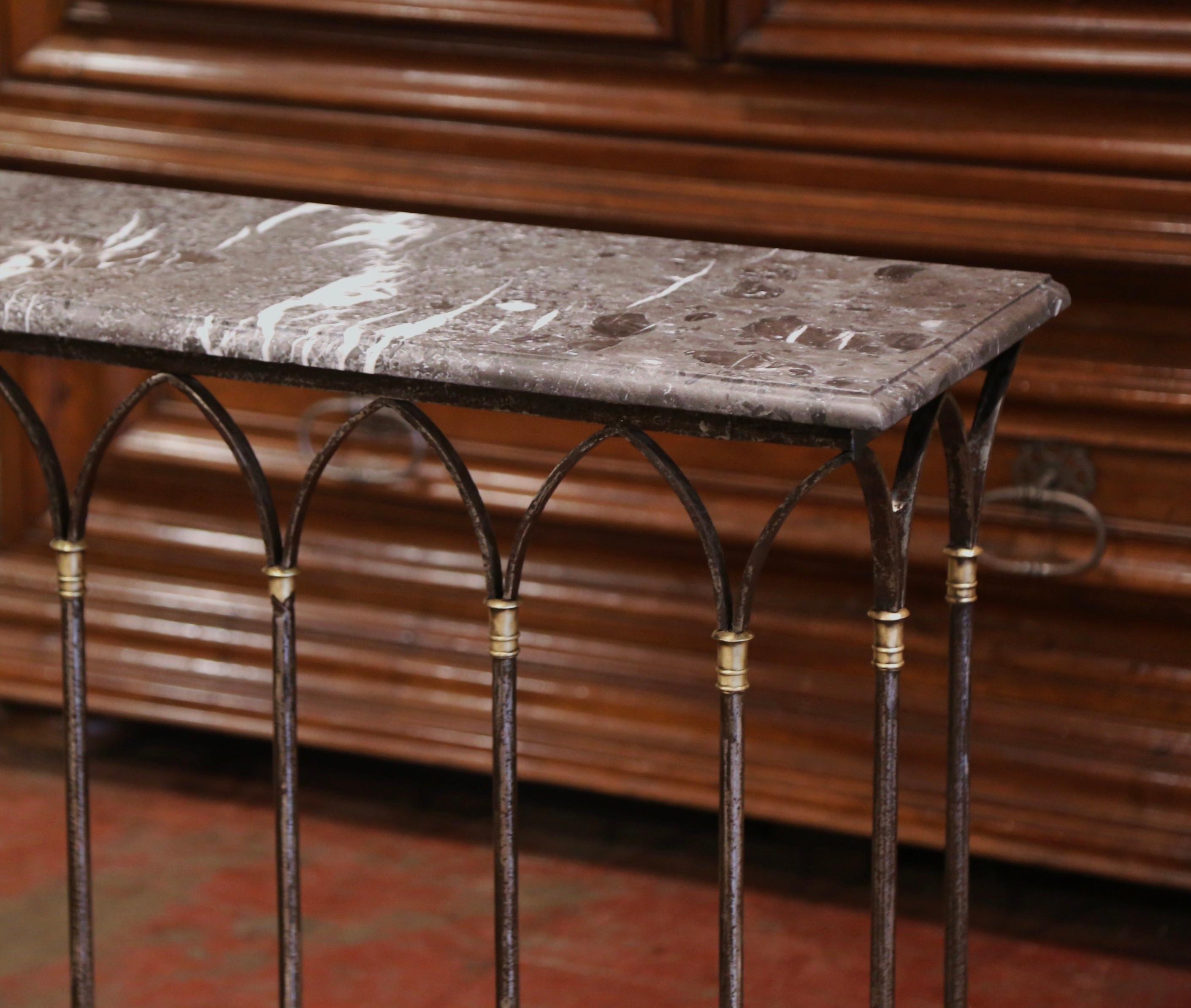 Patinated 18th Century French Polished Wrought Iron & Bronze Console Table with Marble Top