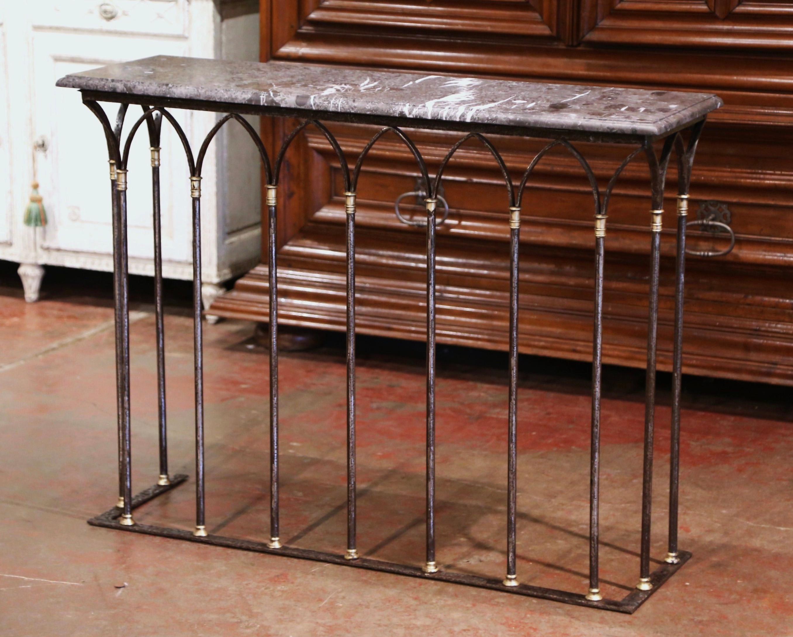 18th Century French Polished Wrought Iron & Bronze Console Table with Marble Top In Excellent Condition In Dallas, TX