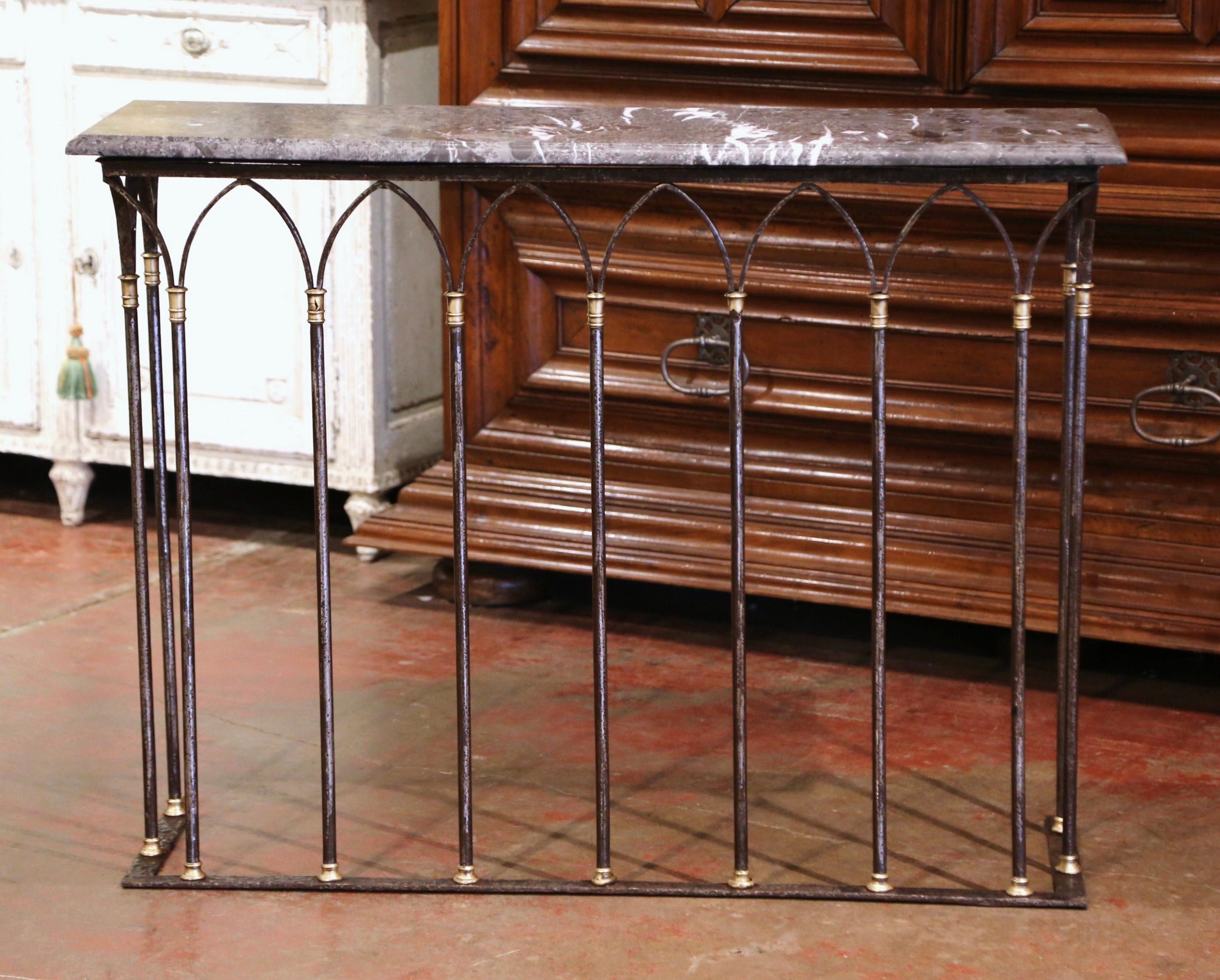 18th Century French Polished Wrought Iron & Bronze Console Table with Marble Top 2
