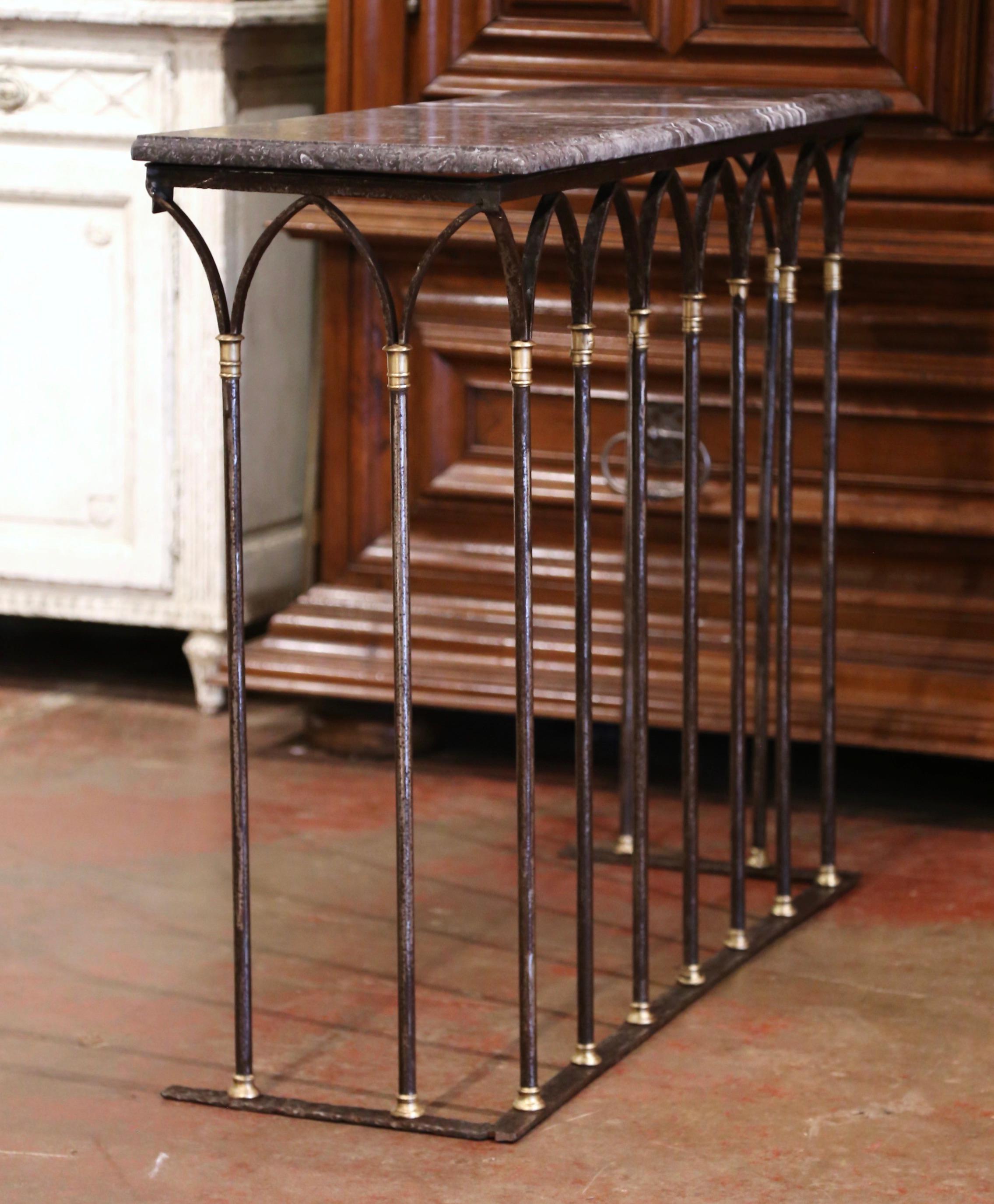 18th Century French Polished Wrought Iron & Bronze Console Table with Marble Top 3