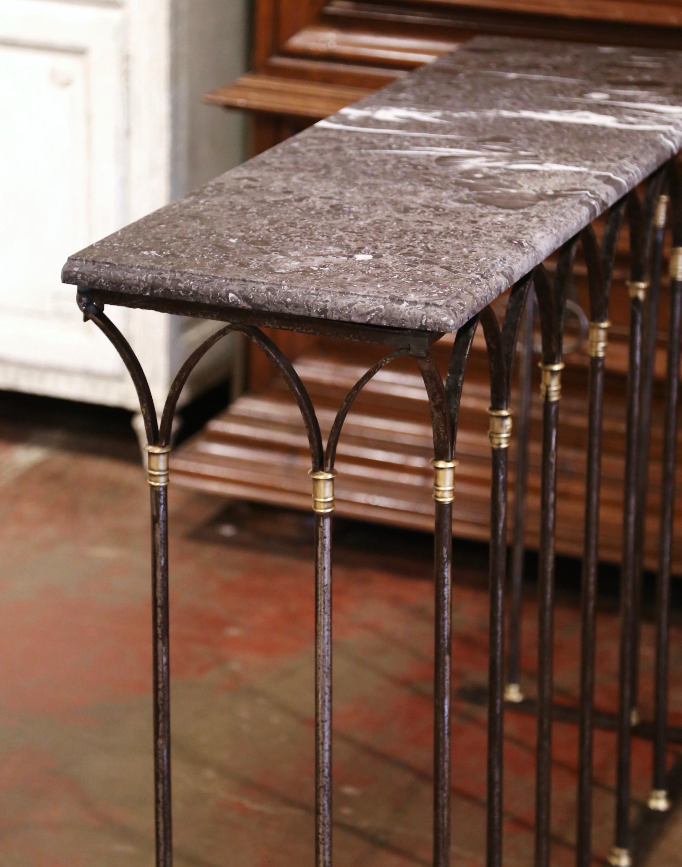 18th Century French Polished Wrought Iron & Bronze Console Table with Marble Top 4