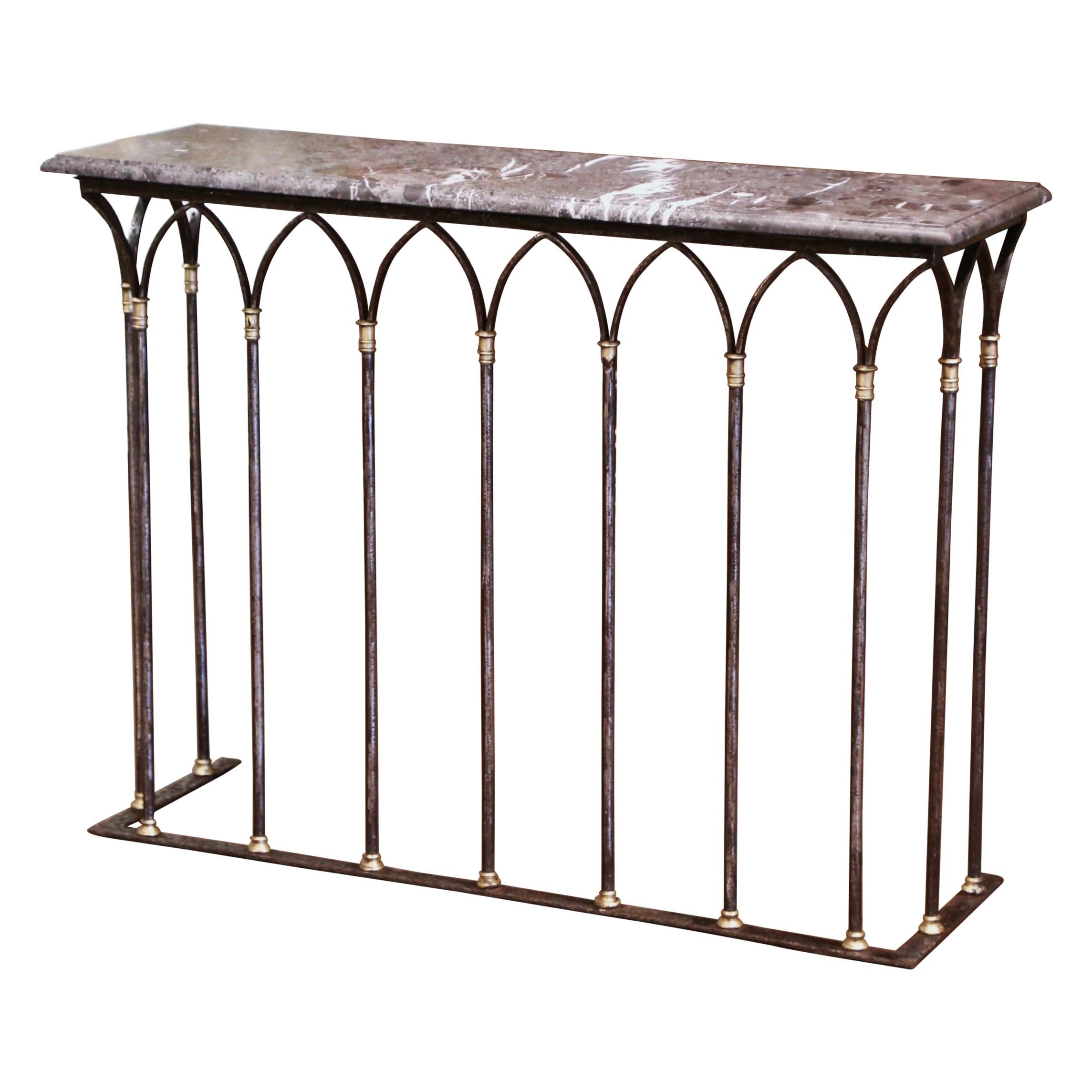 18th Century French Polished Wrought Iron & Bronze Console Table with Marble Top
