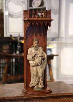 18th Century French Polychrome Carved Moses Figure in Gothic Oak Niche
