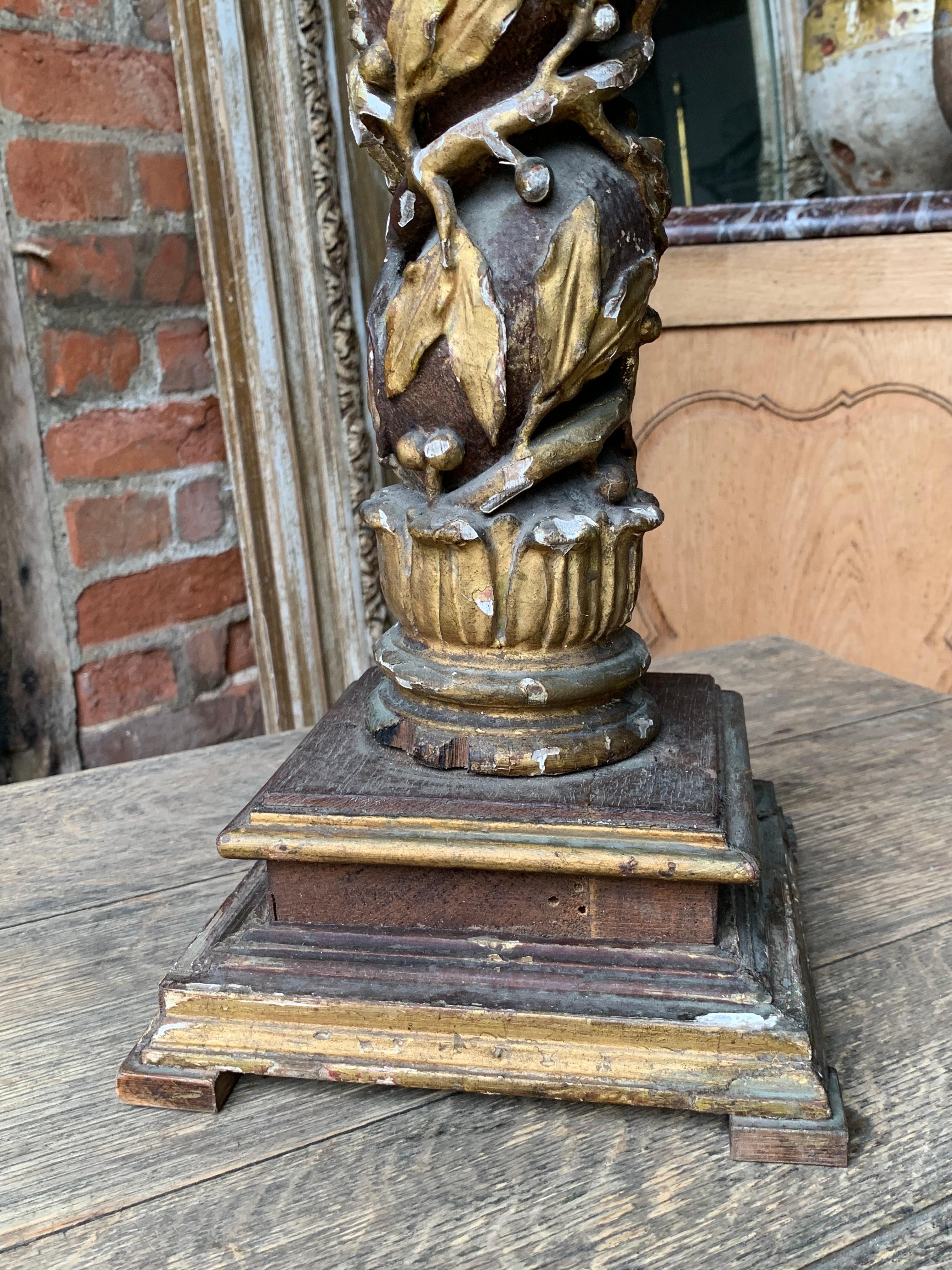 Hand-Carved 18th Century French Polychrome Carved Wood Column For Sale