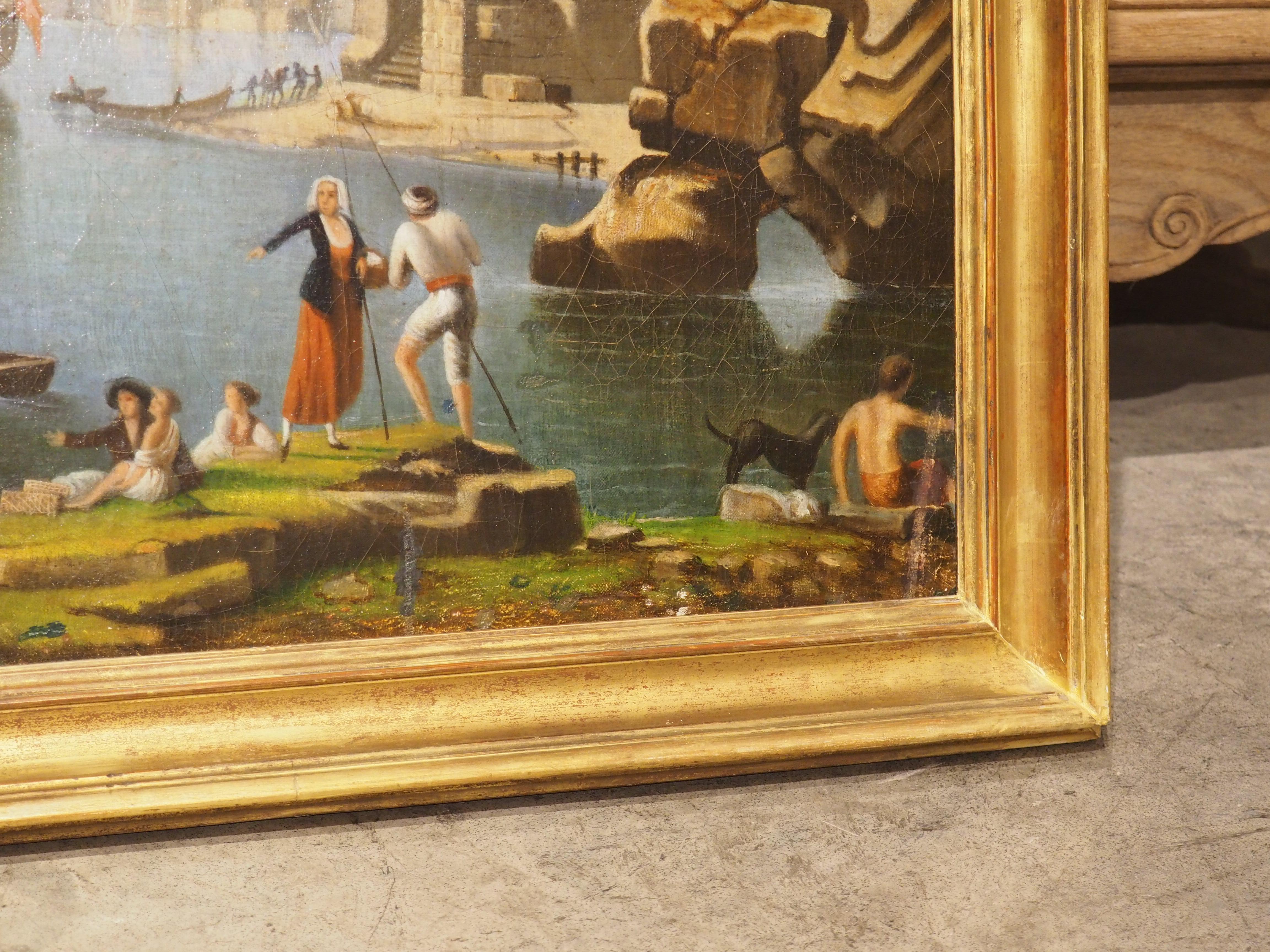Pittura ad olio con scena portuale francese del XVIII secolo proveniente dalla Provenza in vendita 3