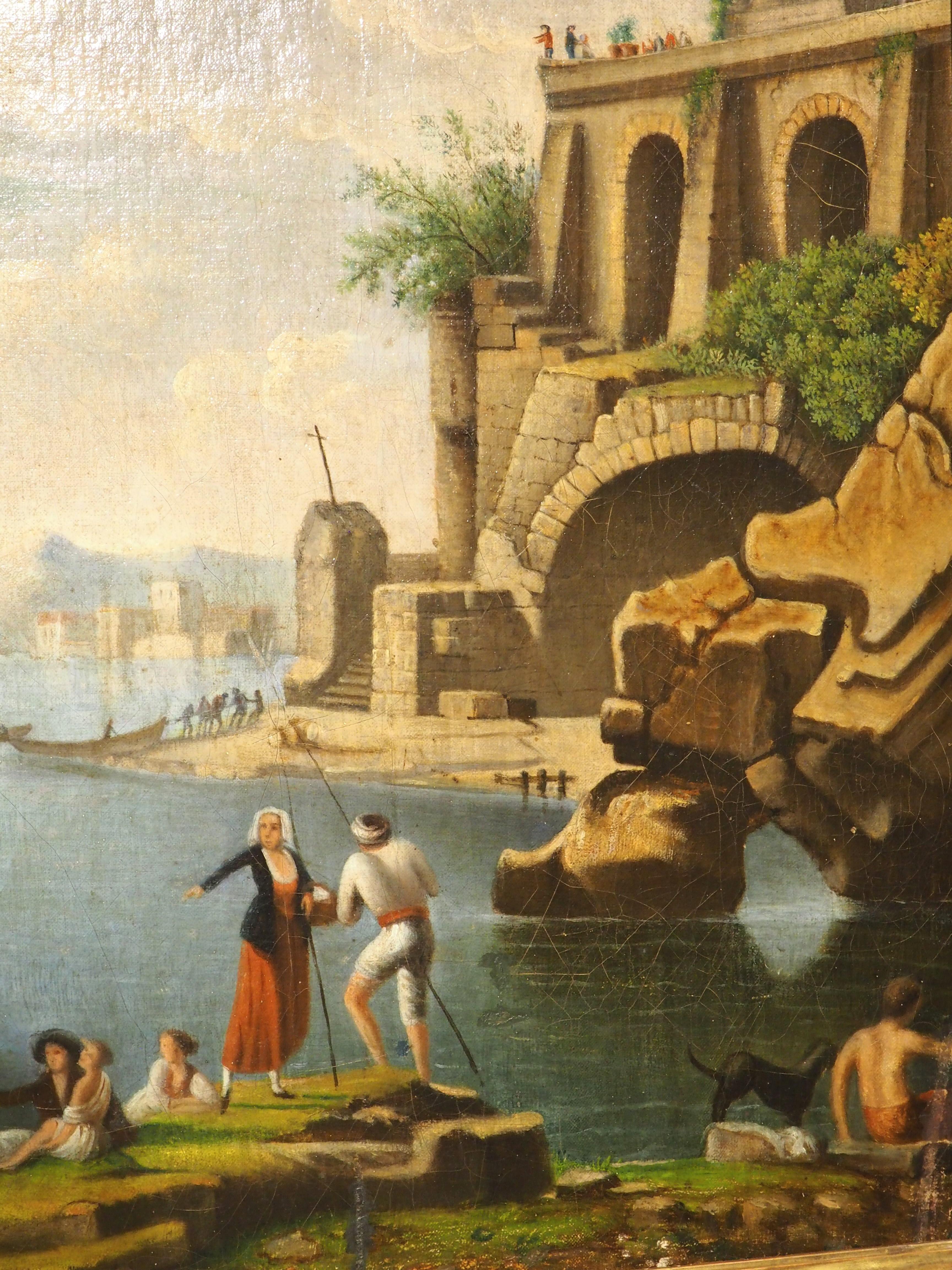 Pittura ad olio con scena portuale francese del XVIII secolo proveniente dalla Provenza in vendita 4