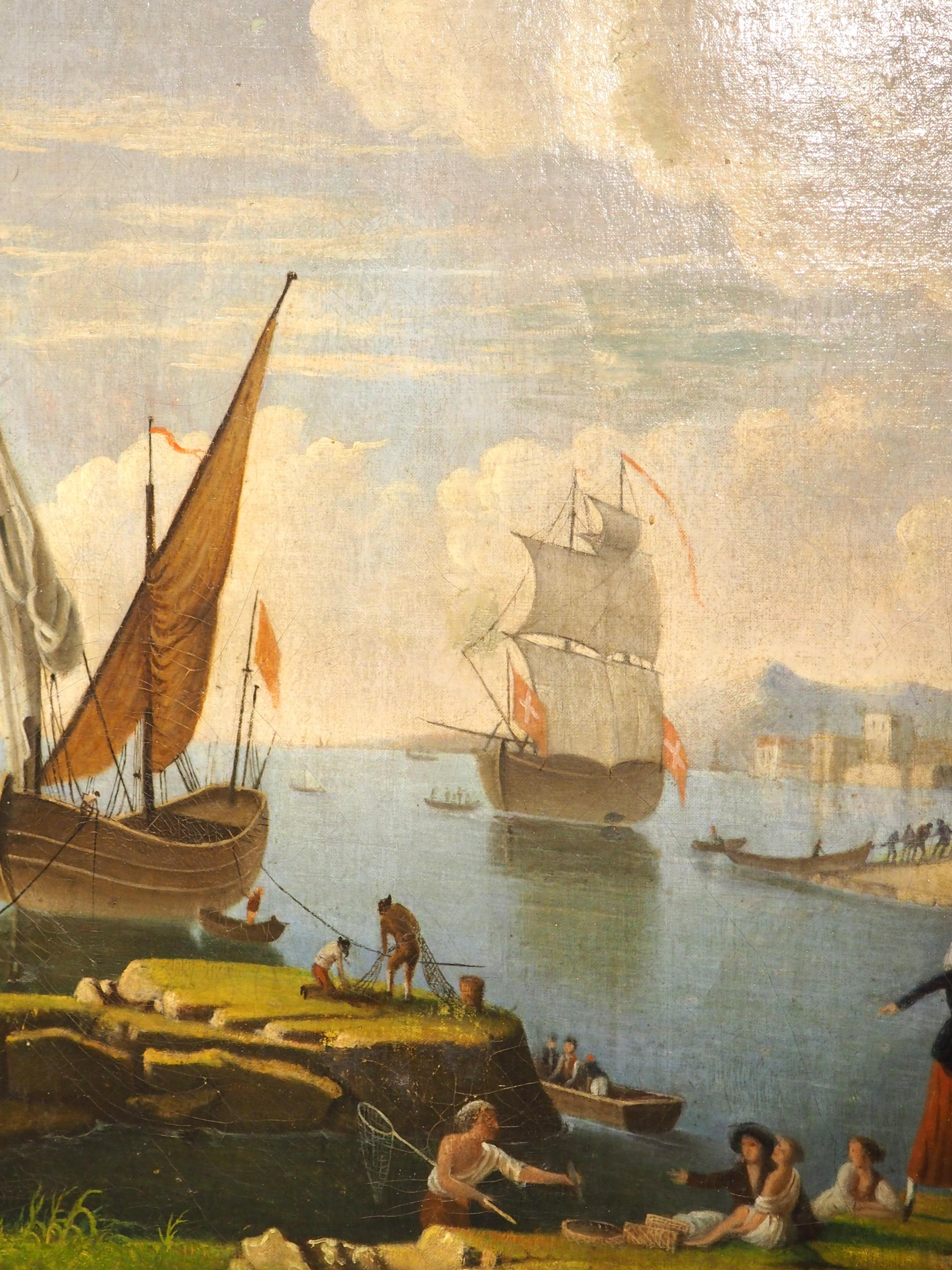 Pittura ad olio con scena portuale francese del XVIII secolo proveniente dalla Provenza in vendita 5