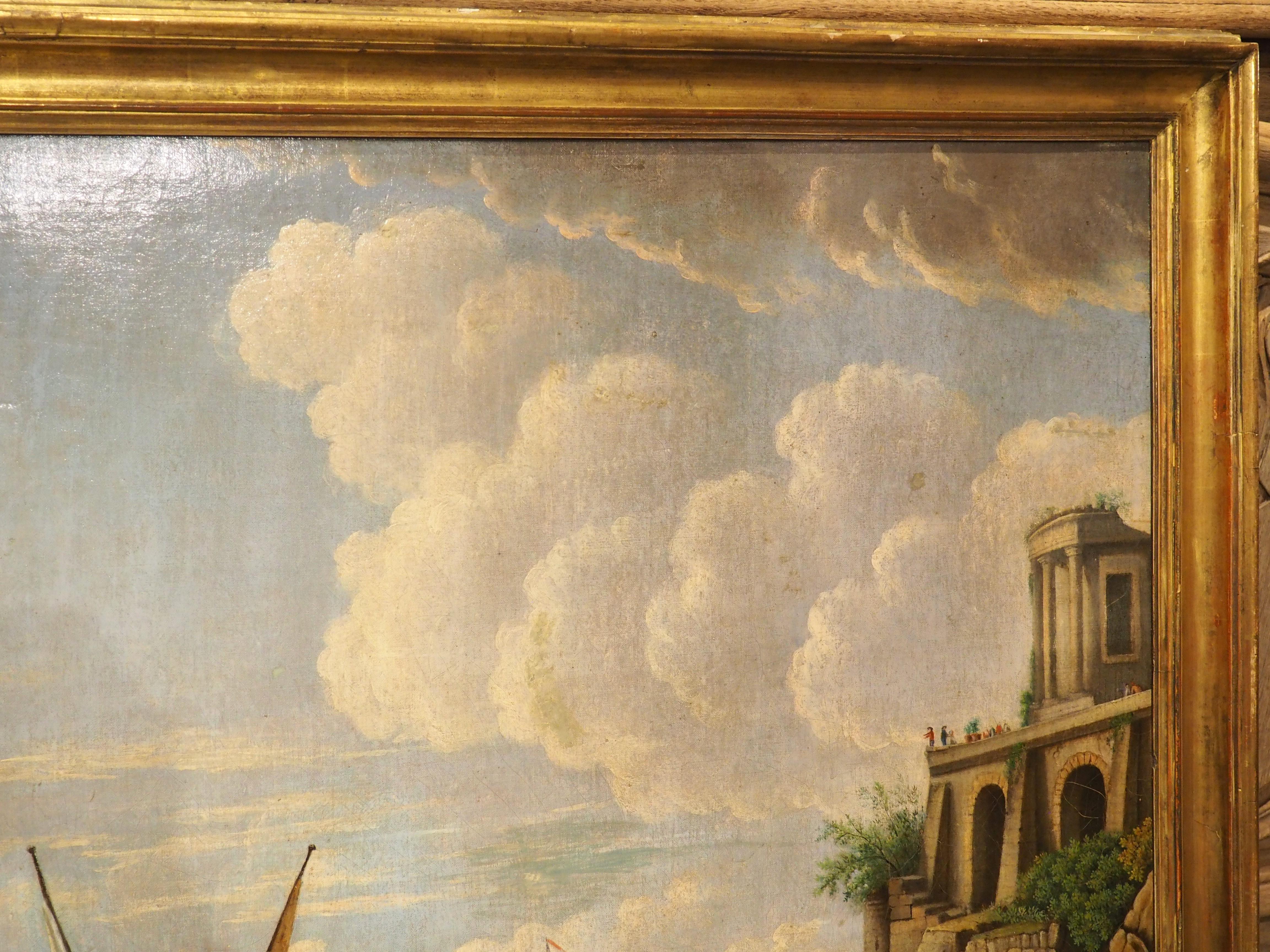 Pittura ad olio con scena portuale francese del XVIII secolo proveniente dalla Provenza in vendita 7