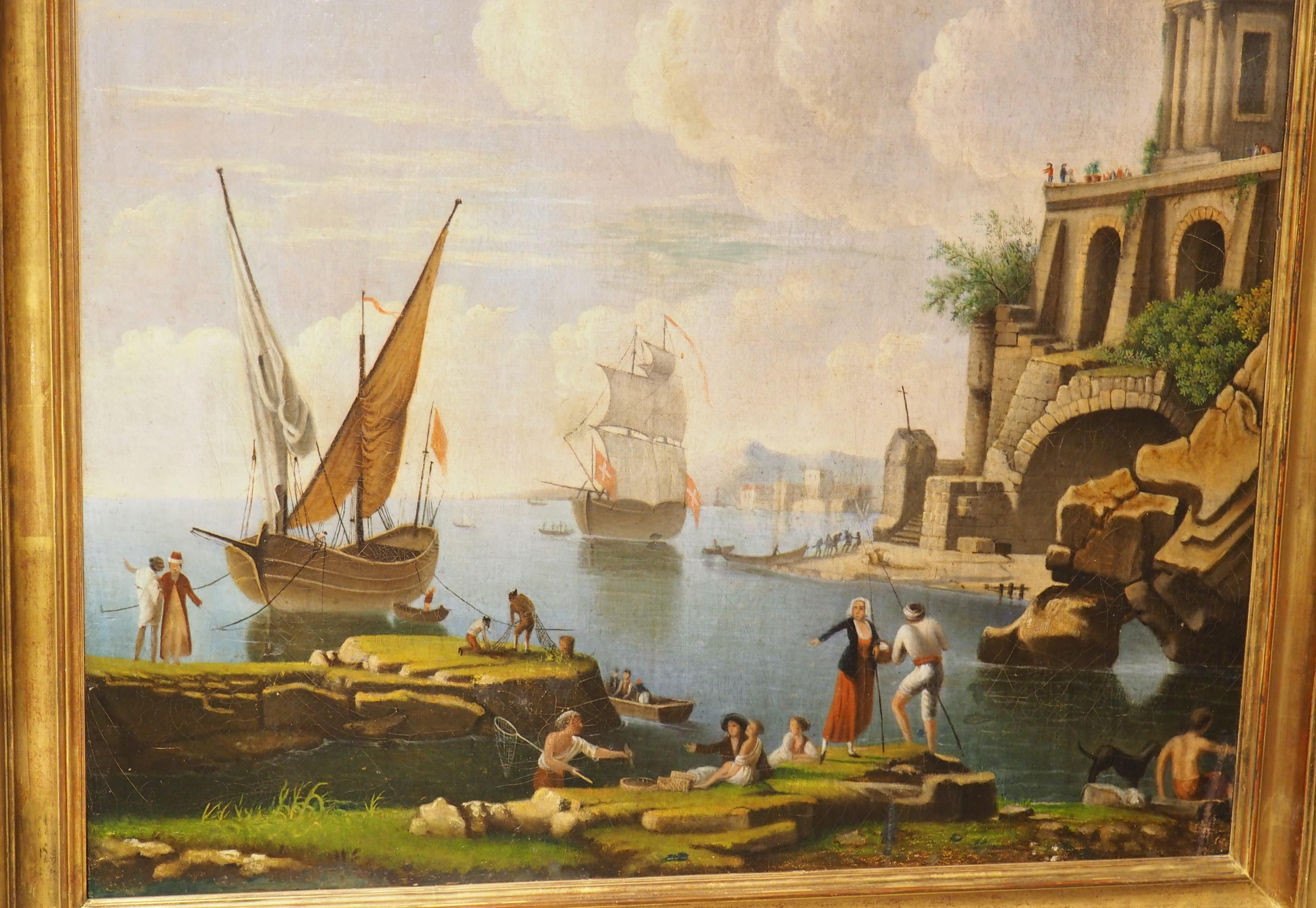 Pittura ad olio con scena portuale francese del XVIII secolo proveniente dalla Provenza in vendita 9