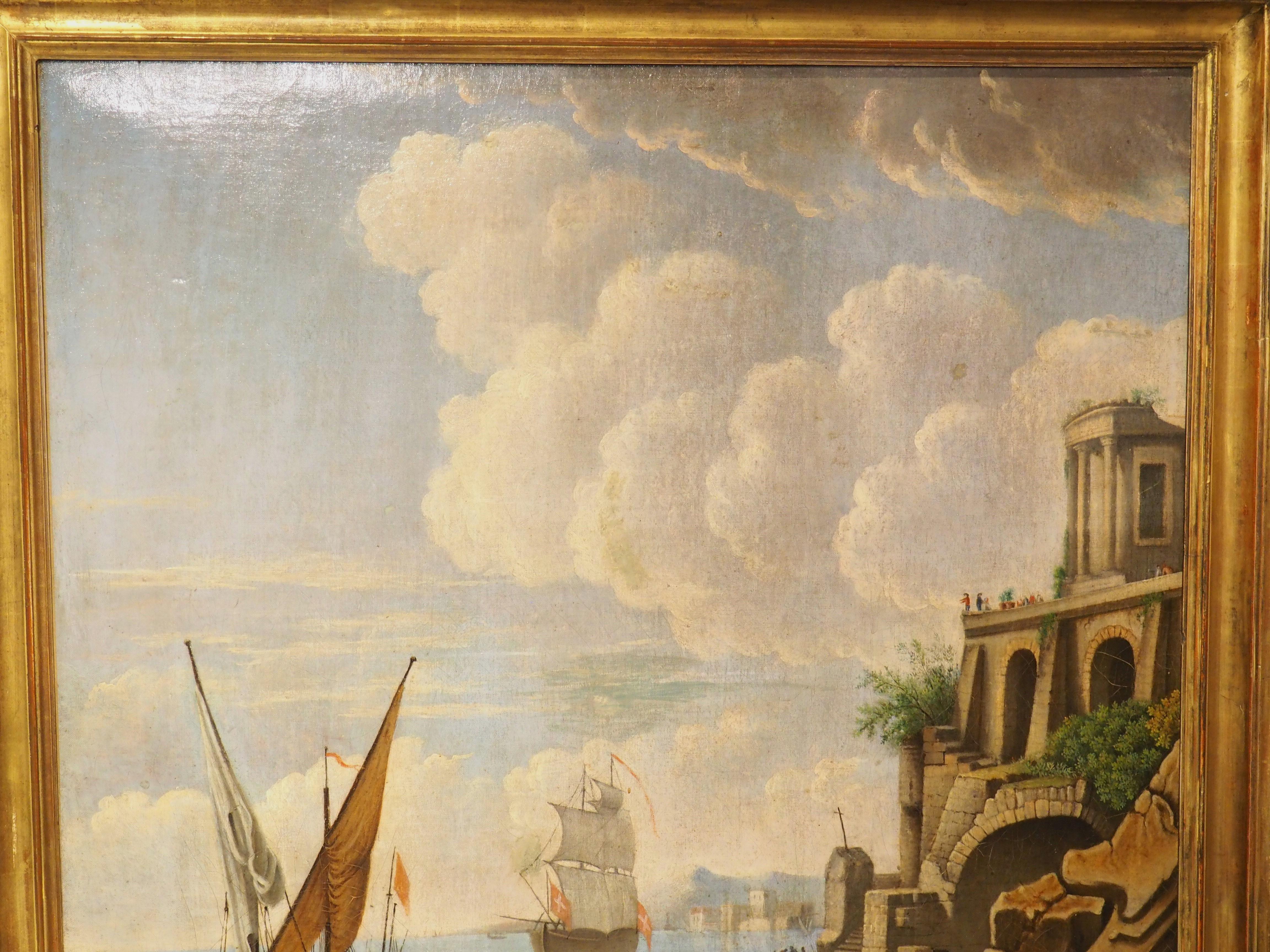 Pittura ad olio con scena portuale francese del XVIII secolo proveniente dalla Provenza in vendita 10