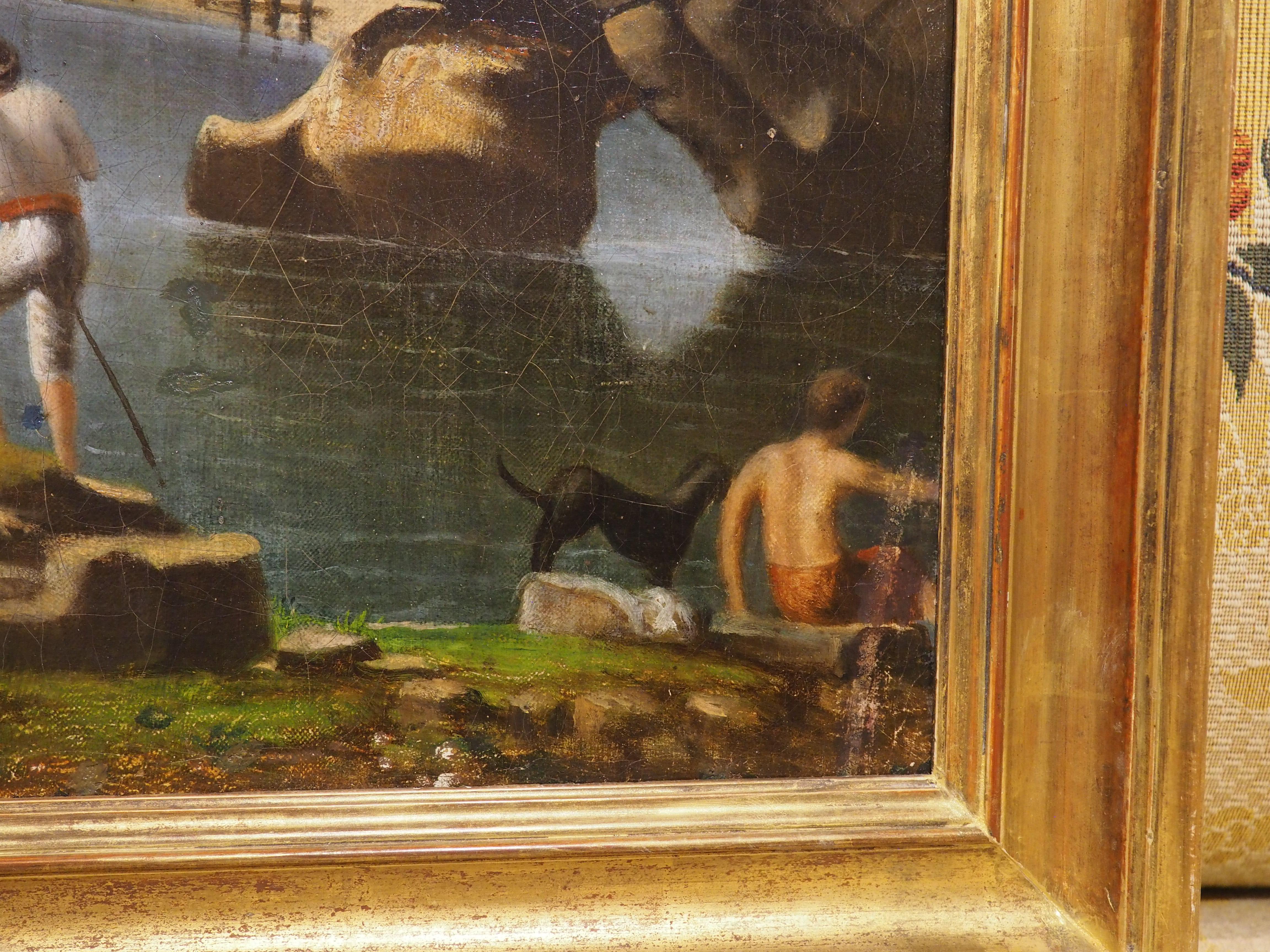 Pittura ad olio con scena portuale francese del XVIII secolo proveniente dalla Provenza in vendita 12