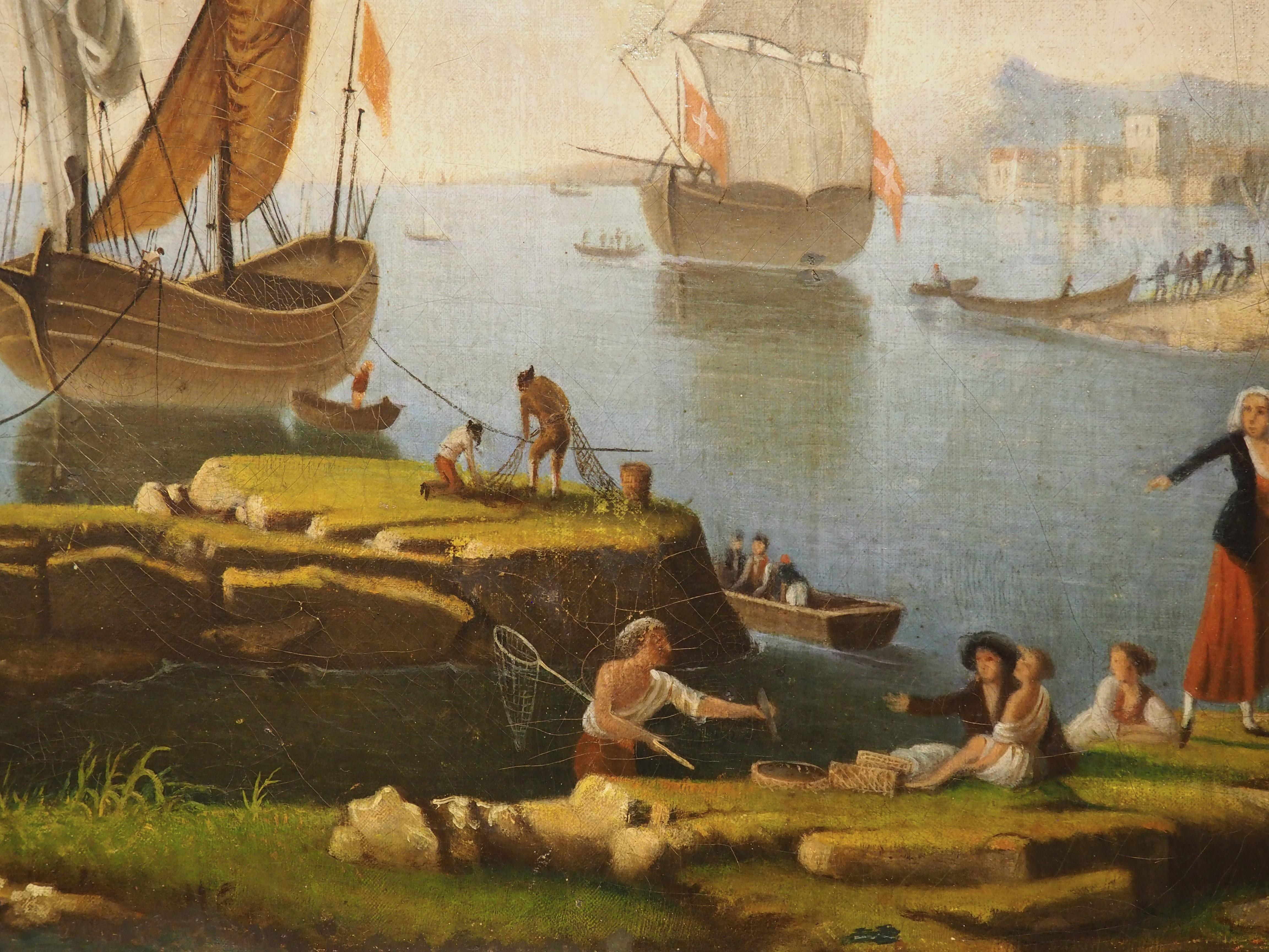 Pittura ad olio con scena portuale francese del XVIII secolo proveniente dalla Provenza in vendita 13
